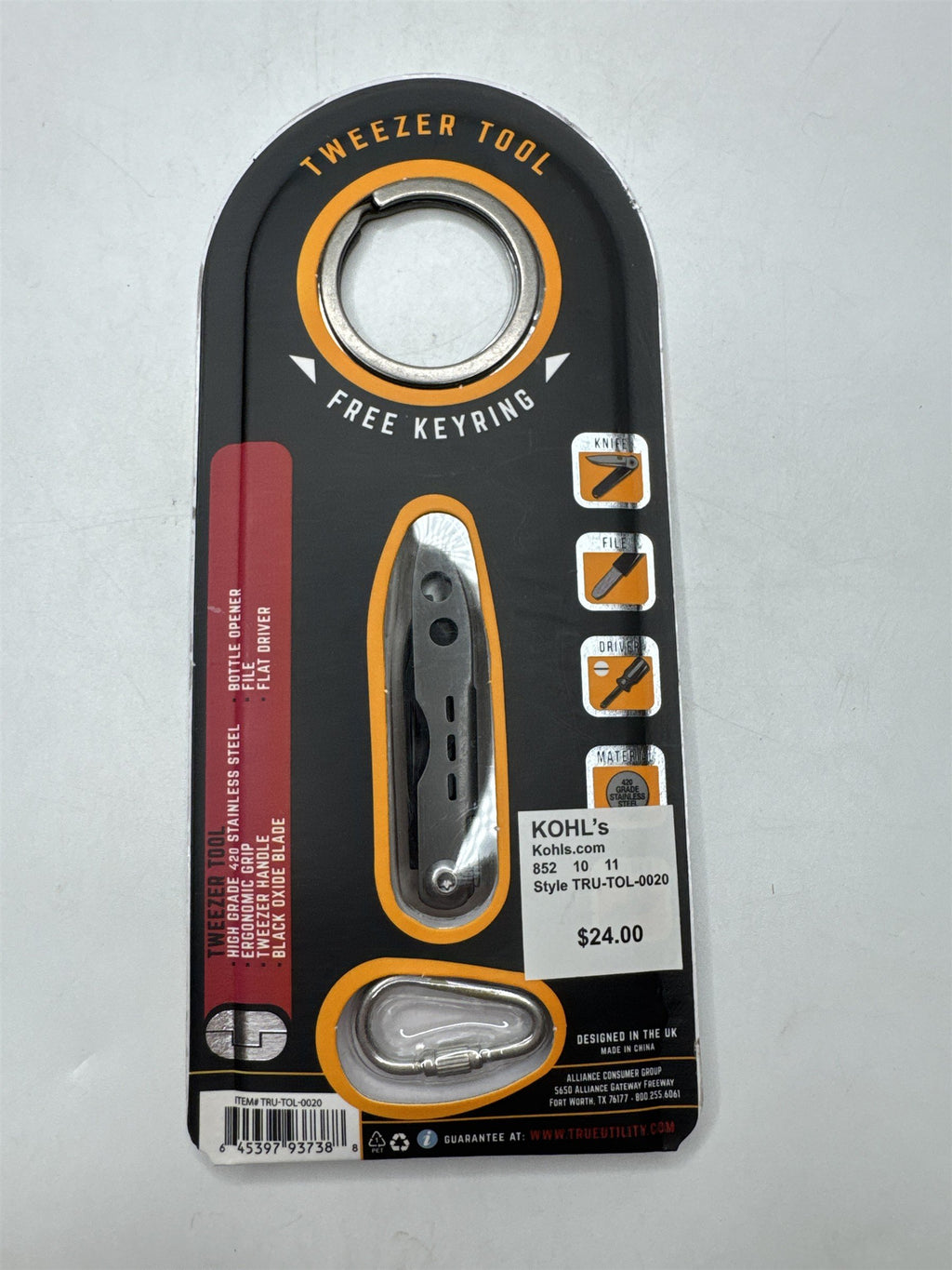 True Utility Tweezer Tool Pocket Knife Multi Tool /w Free Keyring TRU-TOL-0020