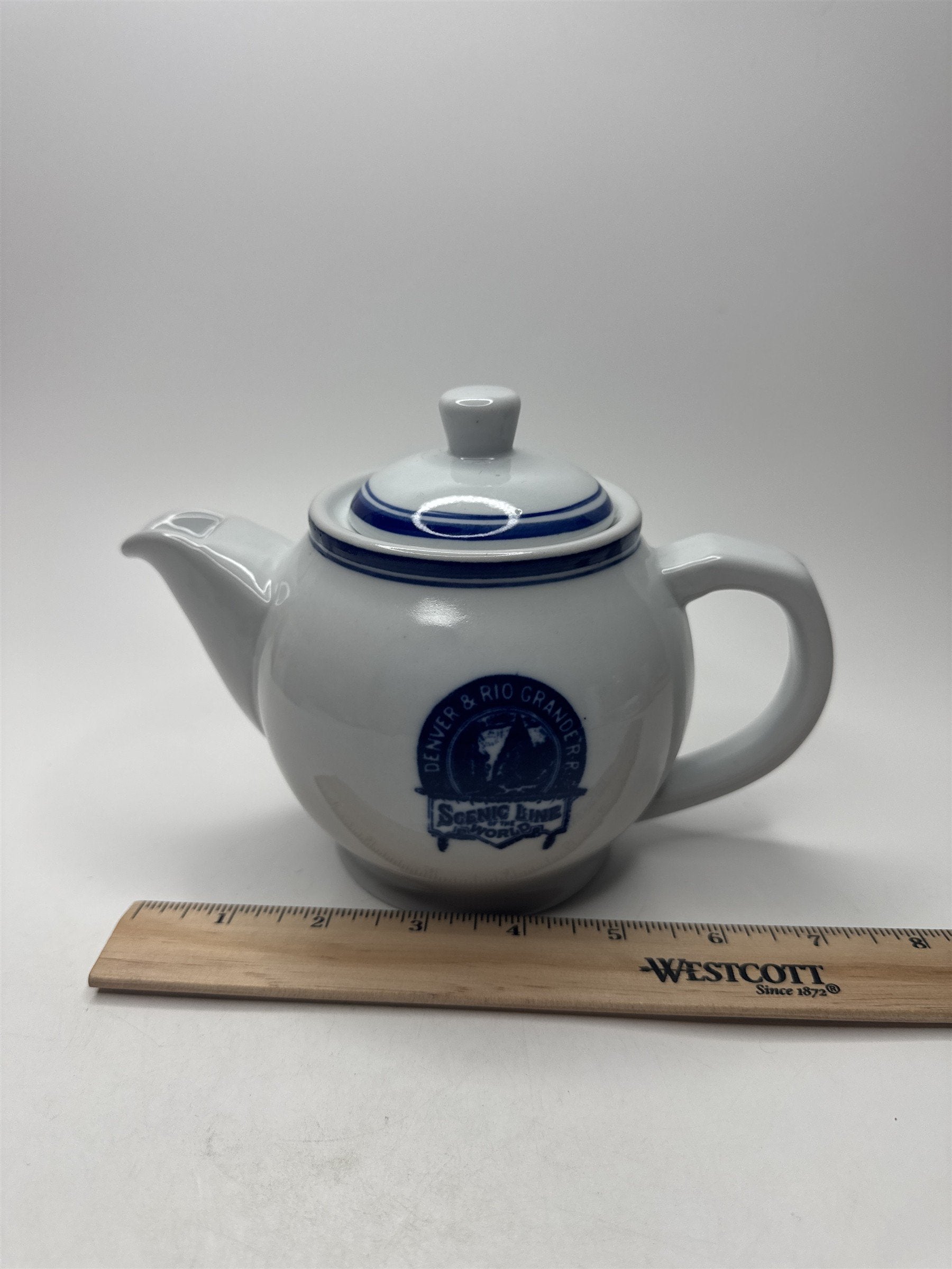 Vintage Denver and Rio Grande RR Teapot Souvenir Blue Scenic Line of the World