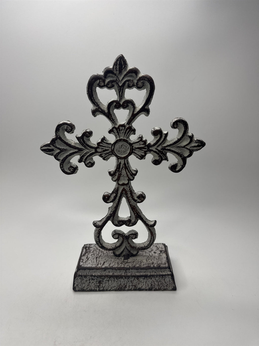 Antique Heavy Cast Iron Cross Stand Tabletop Home Decor White Cross 10.5" Tall
