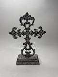 Antique Heavy Cast Iron Cross Stand Tabletop Home Decor White Cross 10.5" Tall