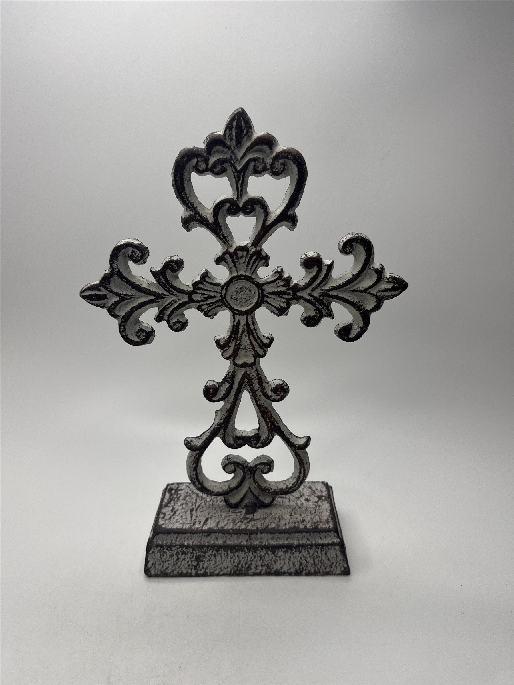 Antique Heavy Cast Iron Cross Stand Tabletop Home Decor White Cross 10.5" Tall