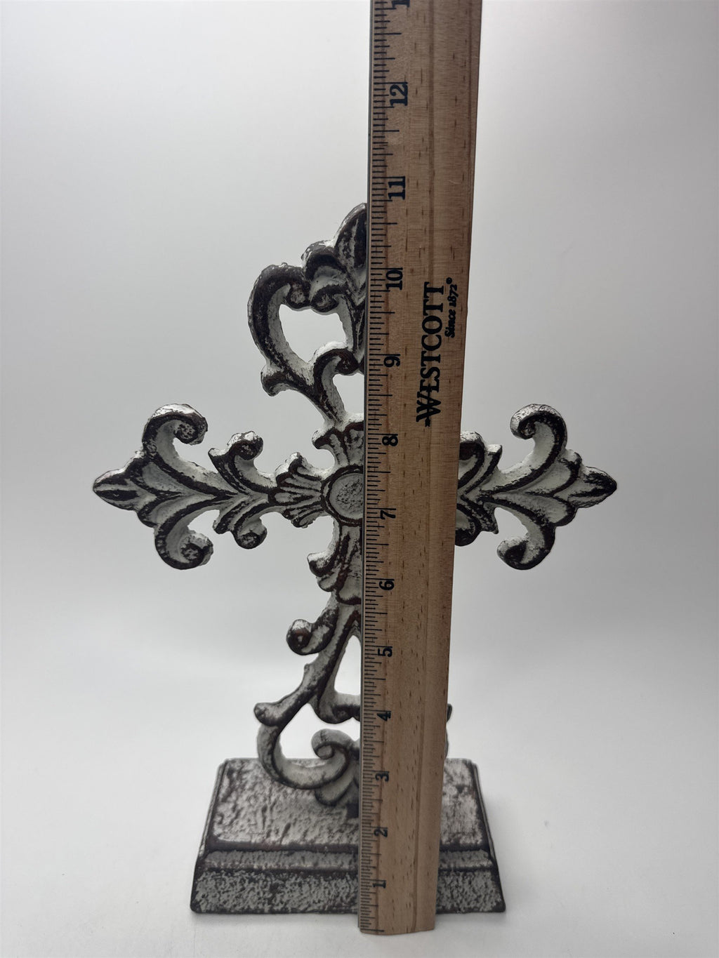 Antique Heavy Cast Iron Cross Stand Tabletop Home Decor White Cross 10.5" Tall