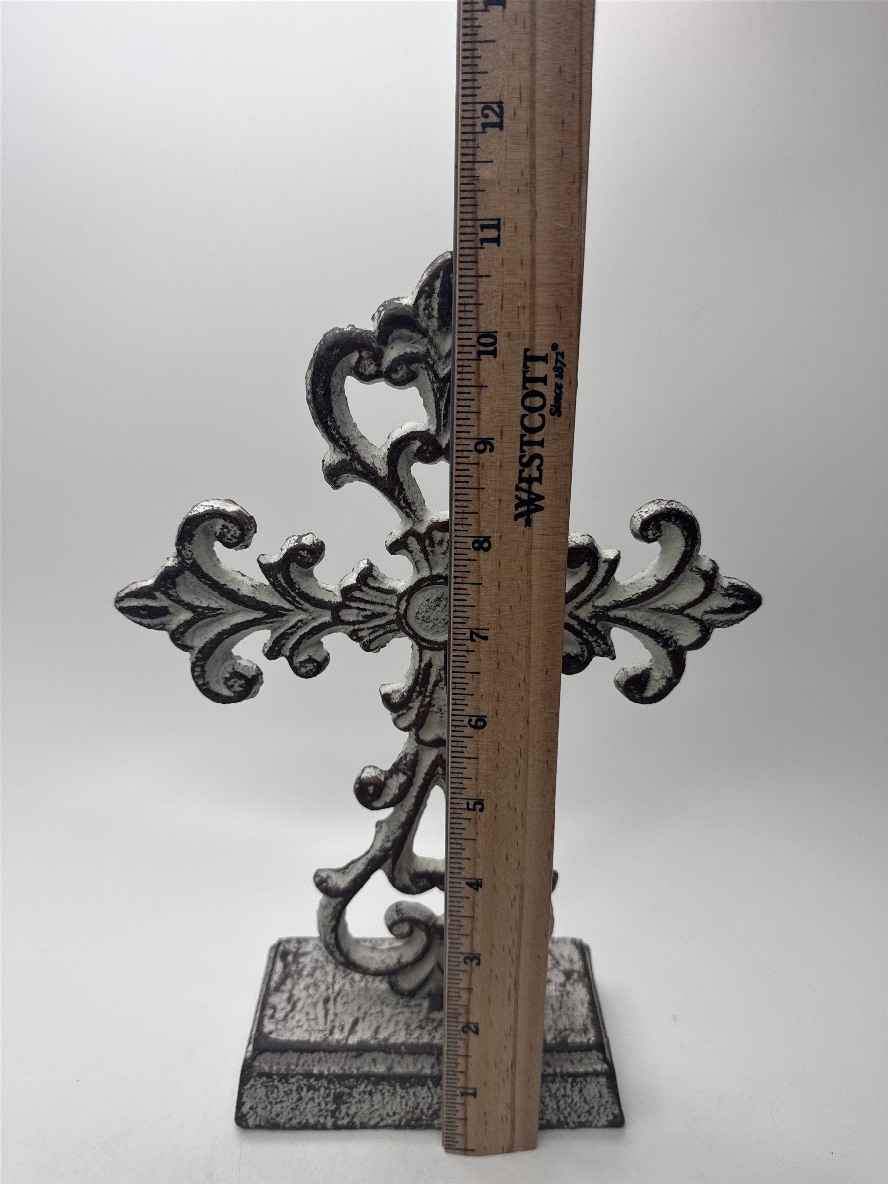 Antique Heavy Cast Iron Cross Stand Tabletop Home Decor White Cross 10.5" Tall