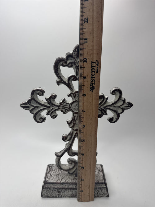 Antique Heavy Cast Iron Cross Stand Tabletop Home Decor White Cross 10.5" Tall