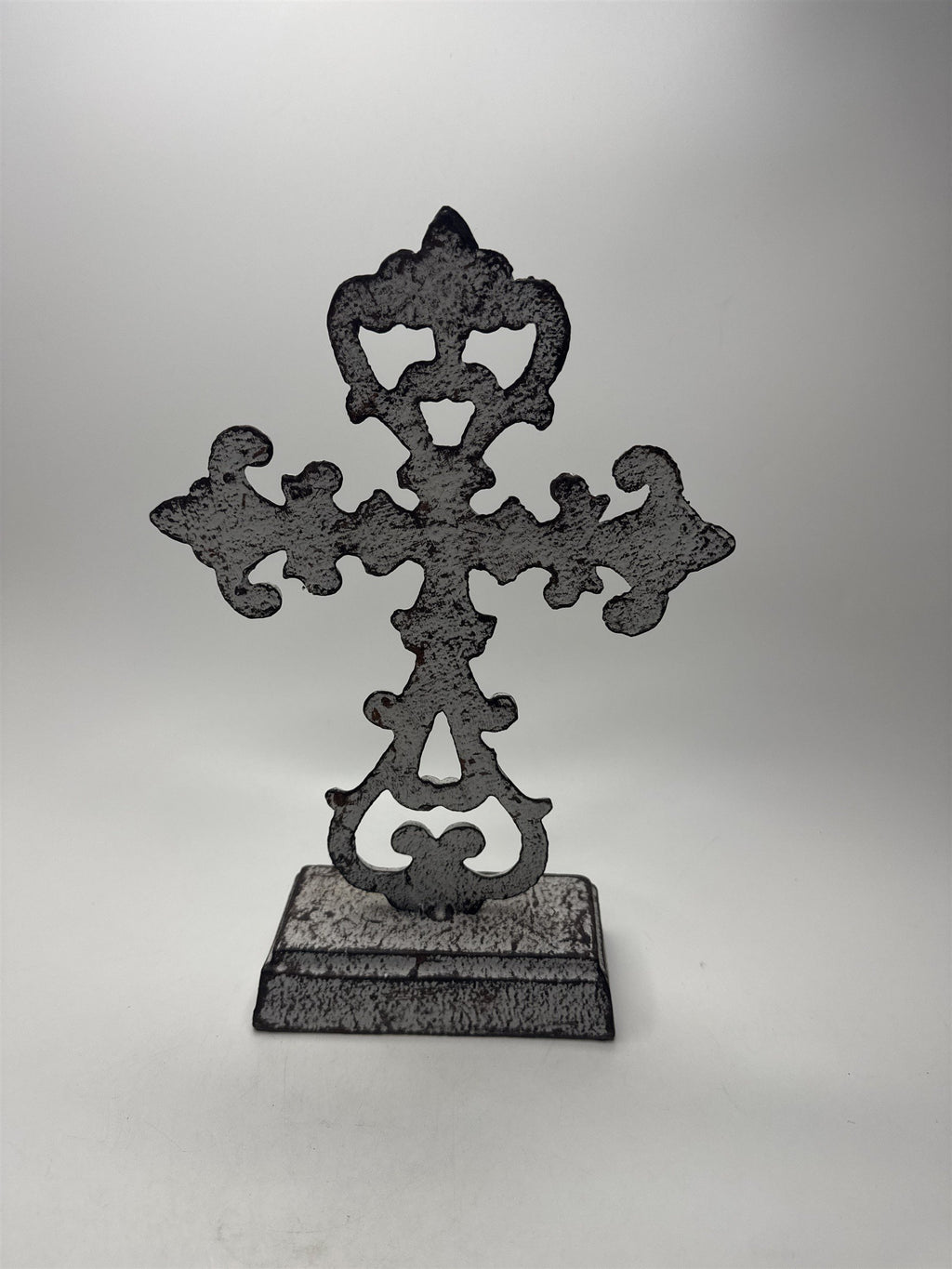 Antique Heavy Cast Iron Cross Stand Tabletop Home Decor White Cross 10.5" Tall