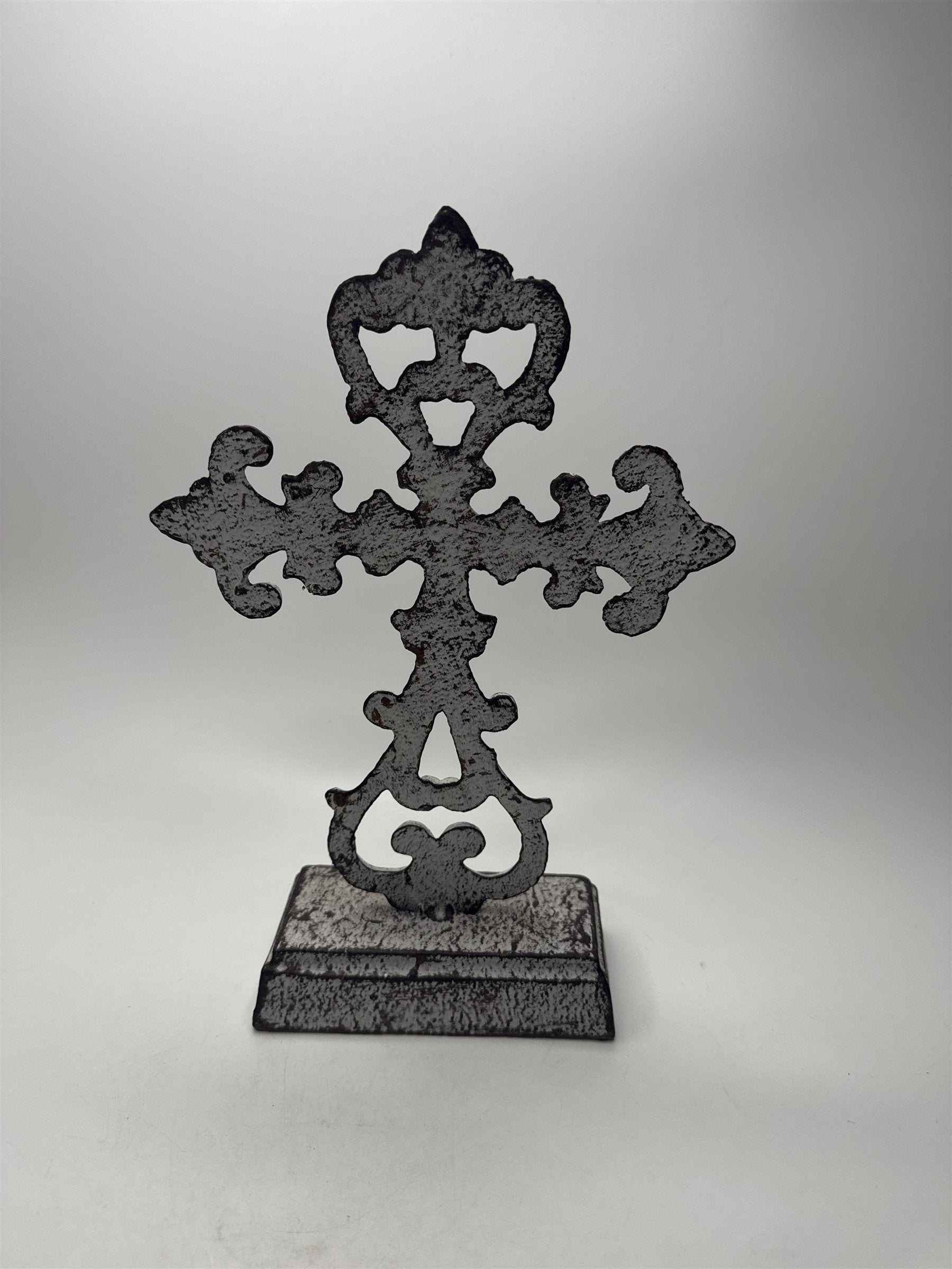 Antique Heavy Cast Iron Cross Stand Tabletop Home Decor White Cross 10.5" Tall