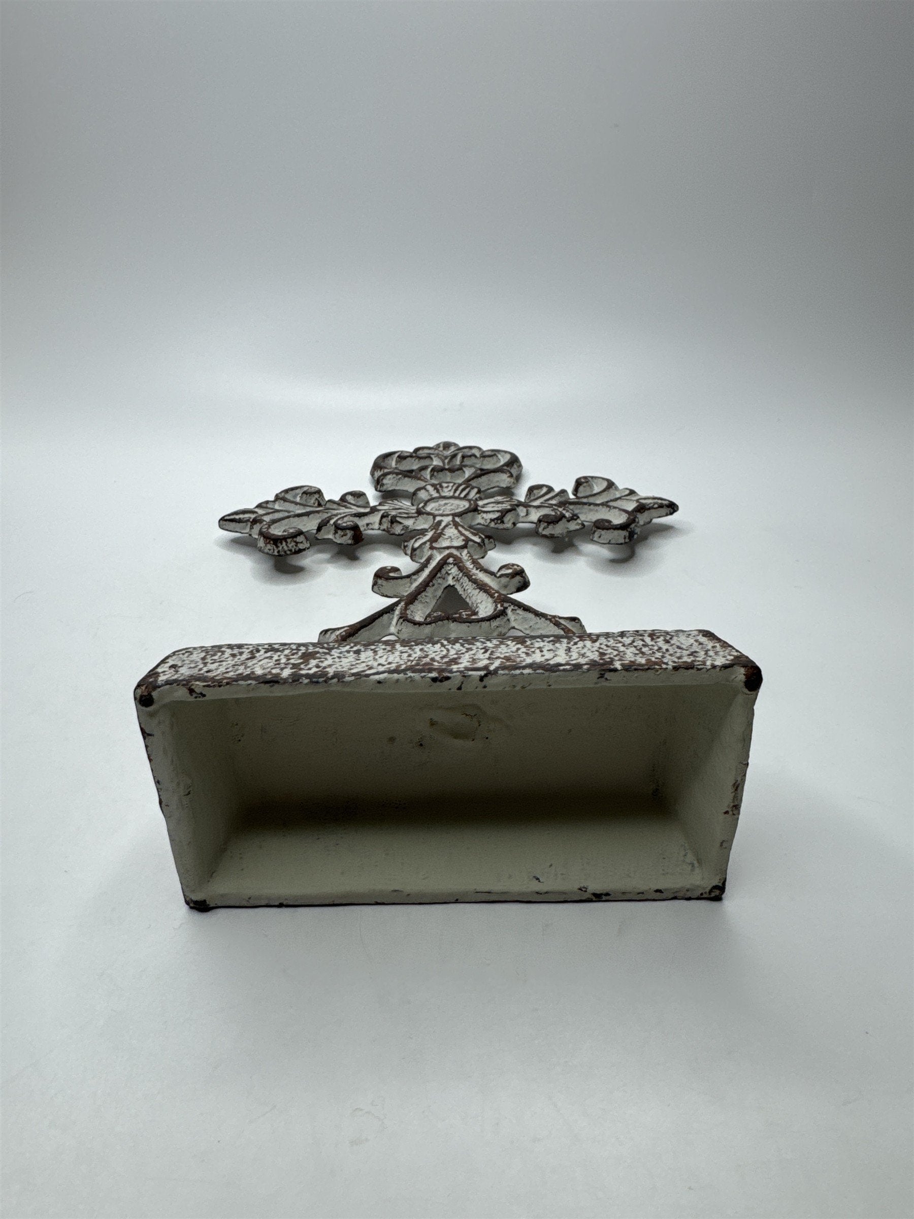 Antique Heavy Cast Iron Cross Stand Tabletop Home Decor White Cross 10.5" Tall