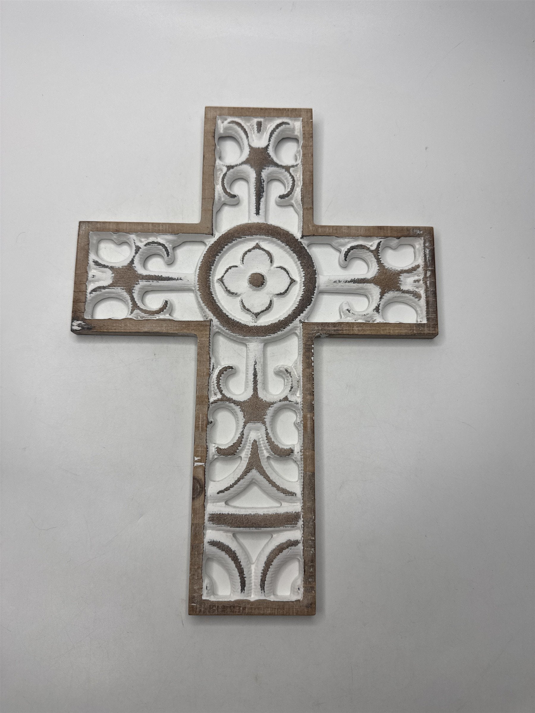 Vintage Ornate Wooden Floral Hanging Wall Cross Home Decor 11.5" Tall