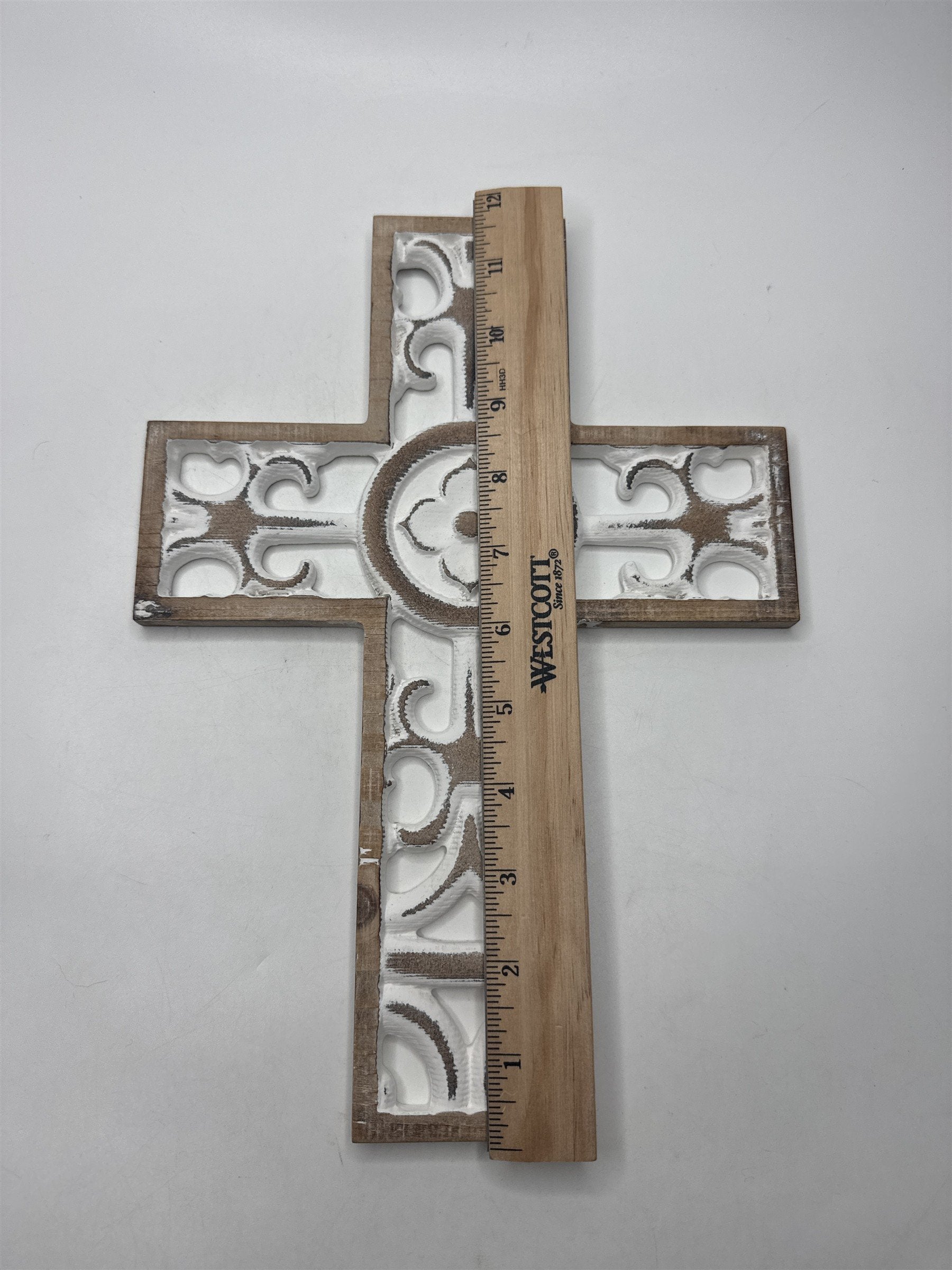 Vintage Ornate Wooden Floral Hanging Wall Cross Home Decor 11.5" Tall