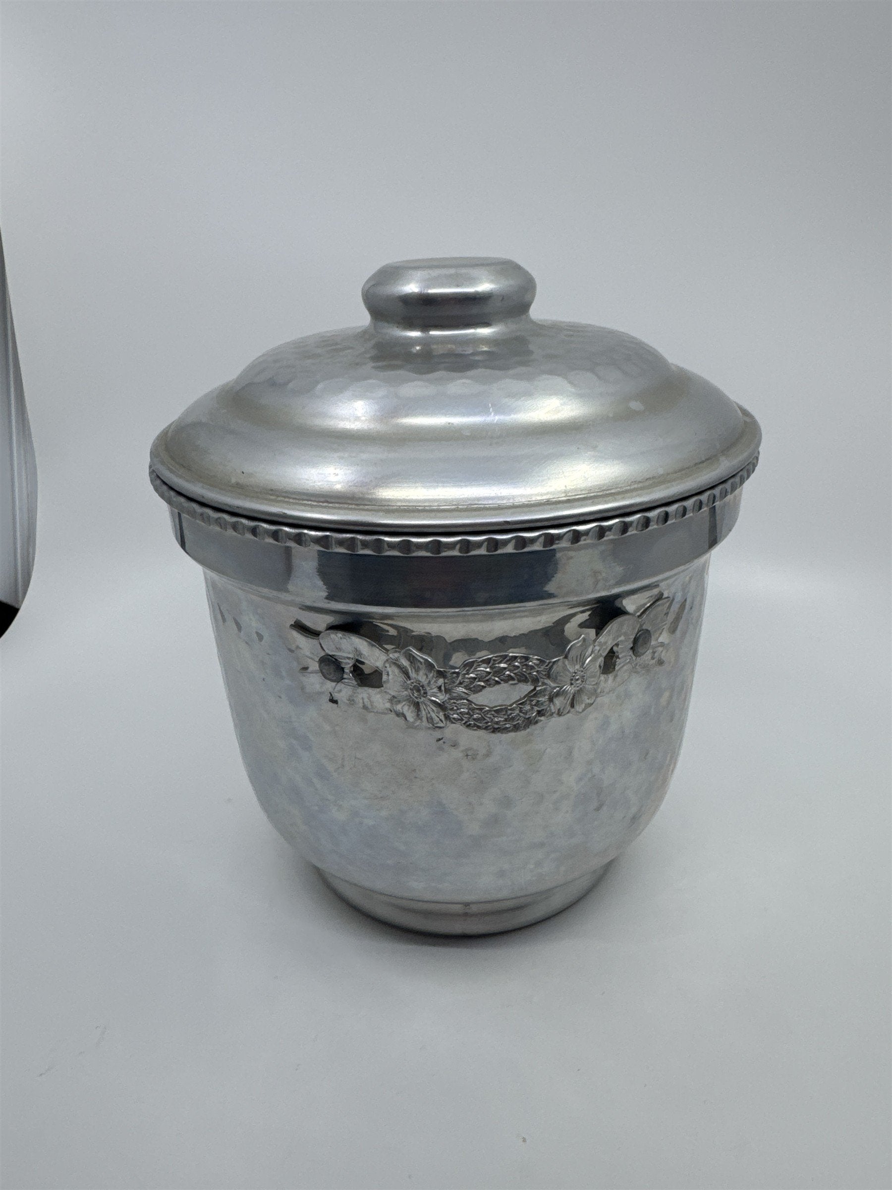 Vintage Hammered Aluminum Ice Bucket W/ Decorative Floral Handles