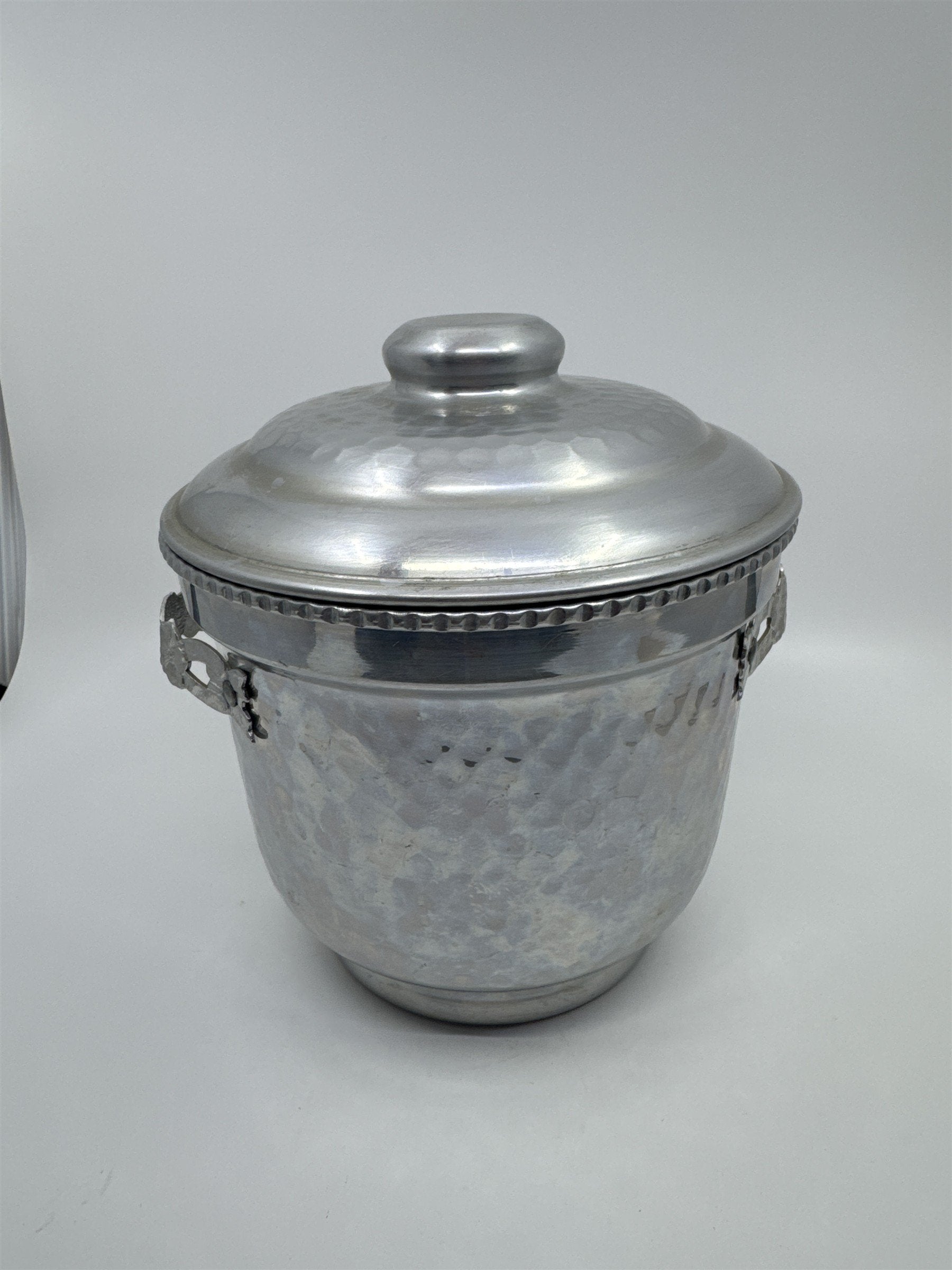 Vintage Hammered Aluminum Ice Bucket W/ Decorative Floral Handles
