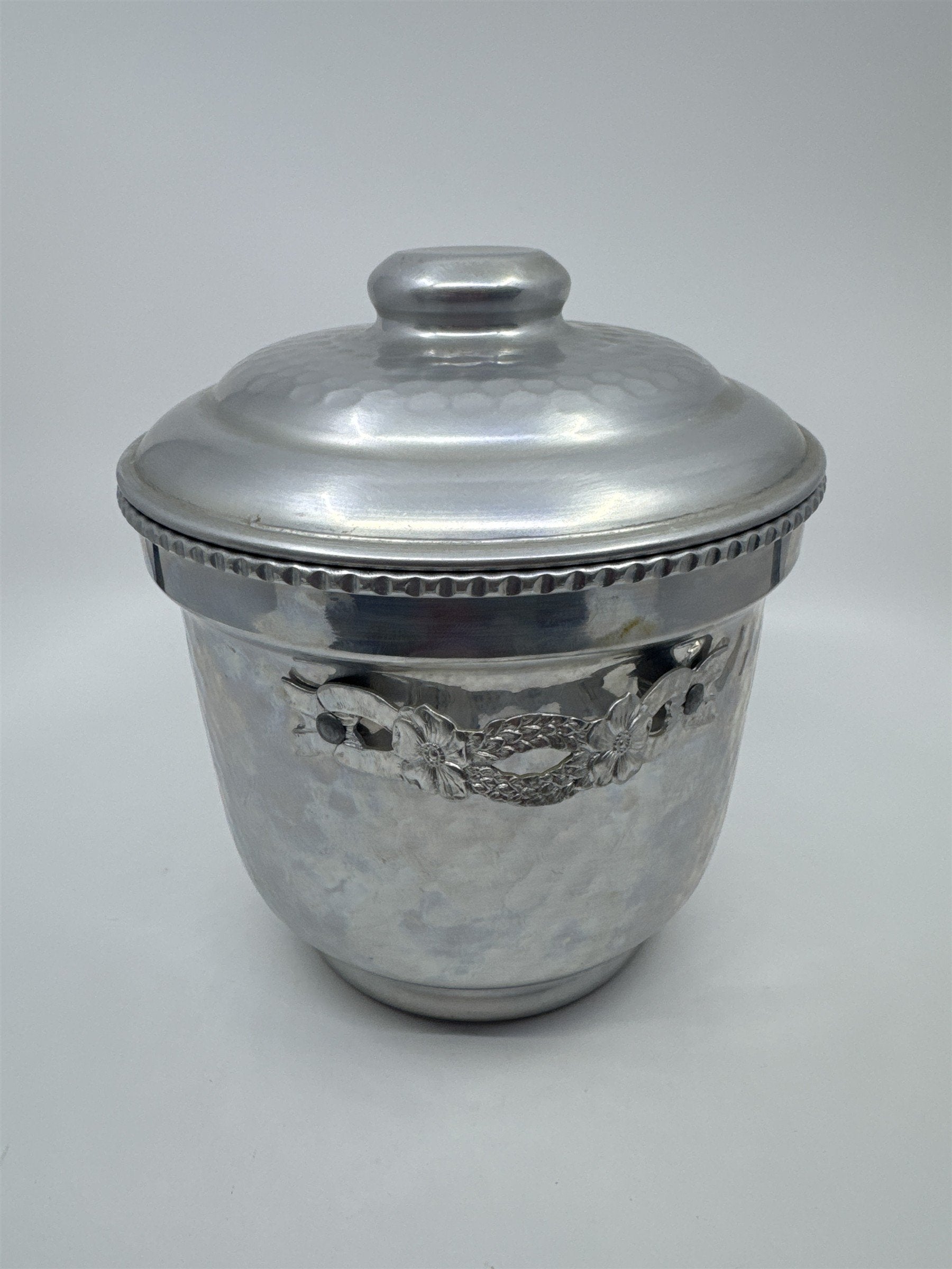Vintage Hammered Aluminum Ice Bucket W/ Decorative Floral Handles