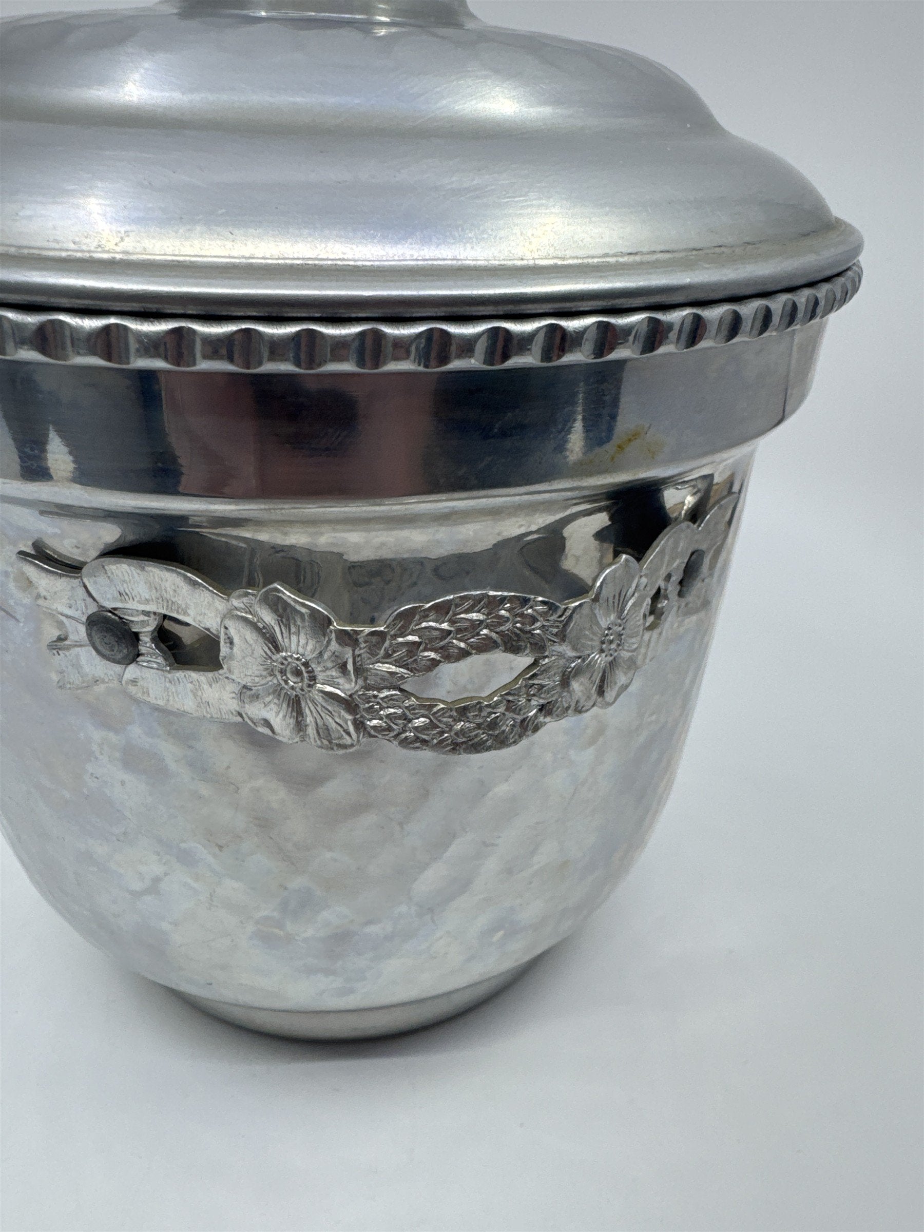 Vintage Hammered Aluminum Ice Bucket W/ Decorative Floral Handles