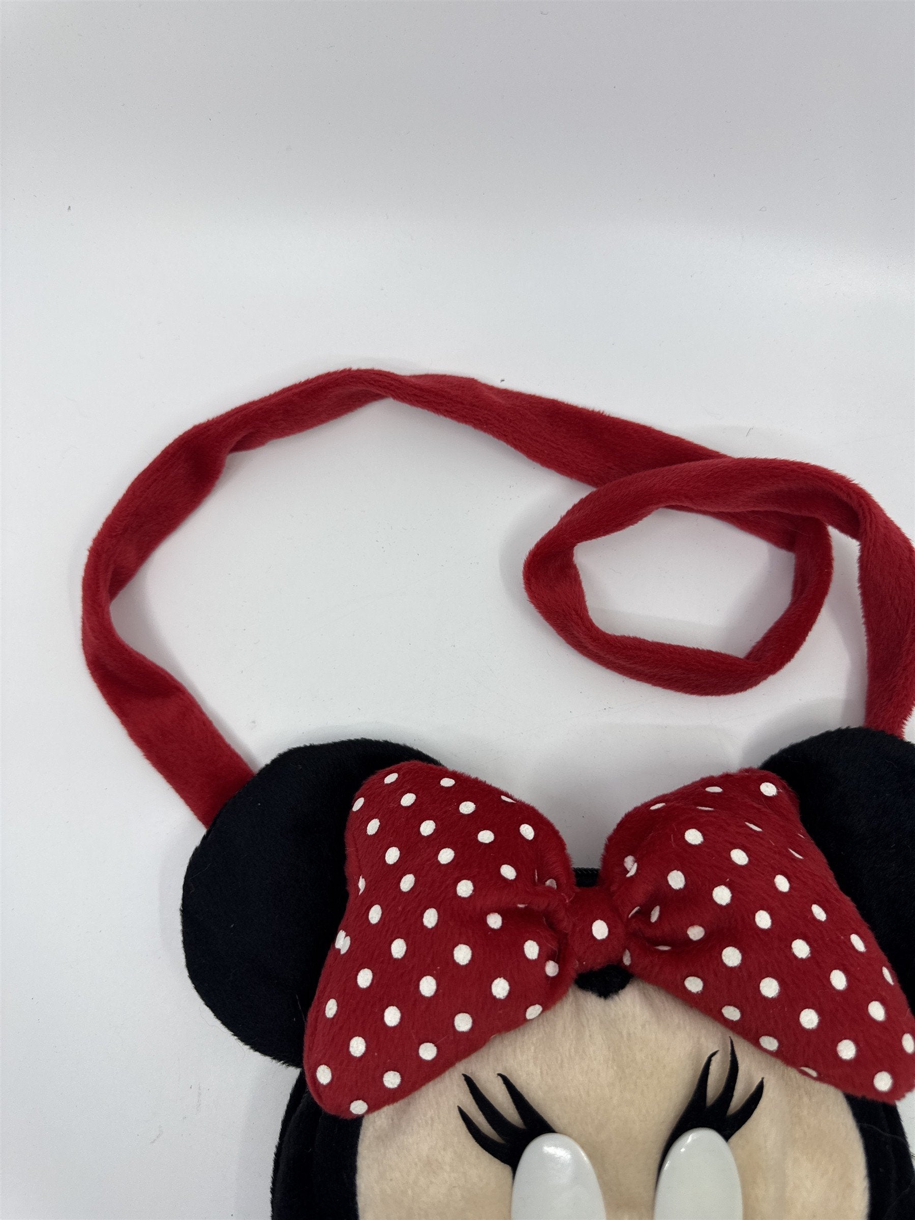Disney Minnie Mouse Girls Long Strap Plush Handbag/Purse Red Bow W/ Polka Dots
