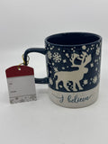 I Believe Blue And White 22 FL. OZ Holiday Coffee Mug W/ Reindeer and Snowflakes