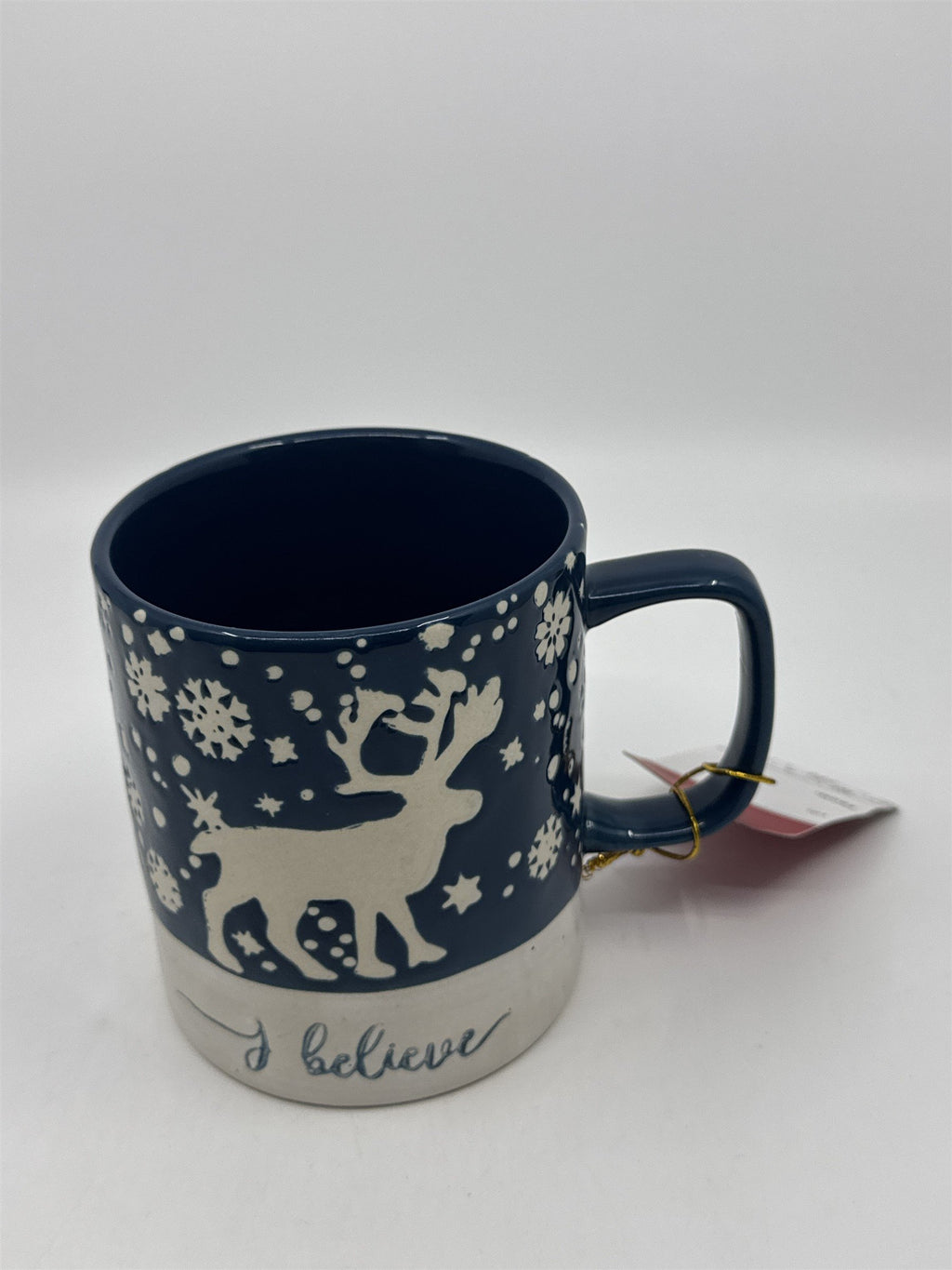 I Believe Blue And White 22 FL. OZ Holiday Coffee Mug W/ Reindeer and Snowflakes