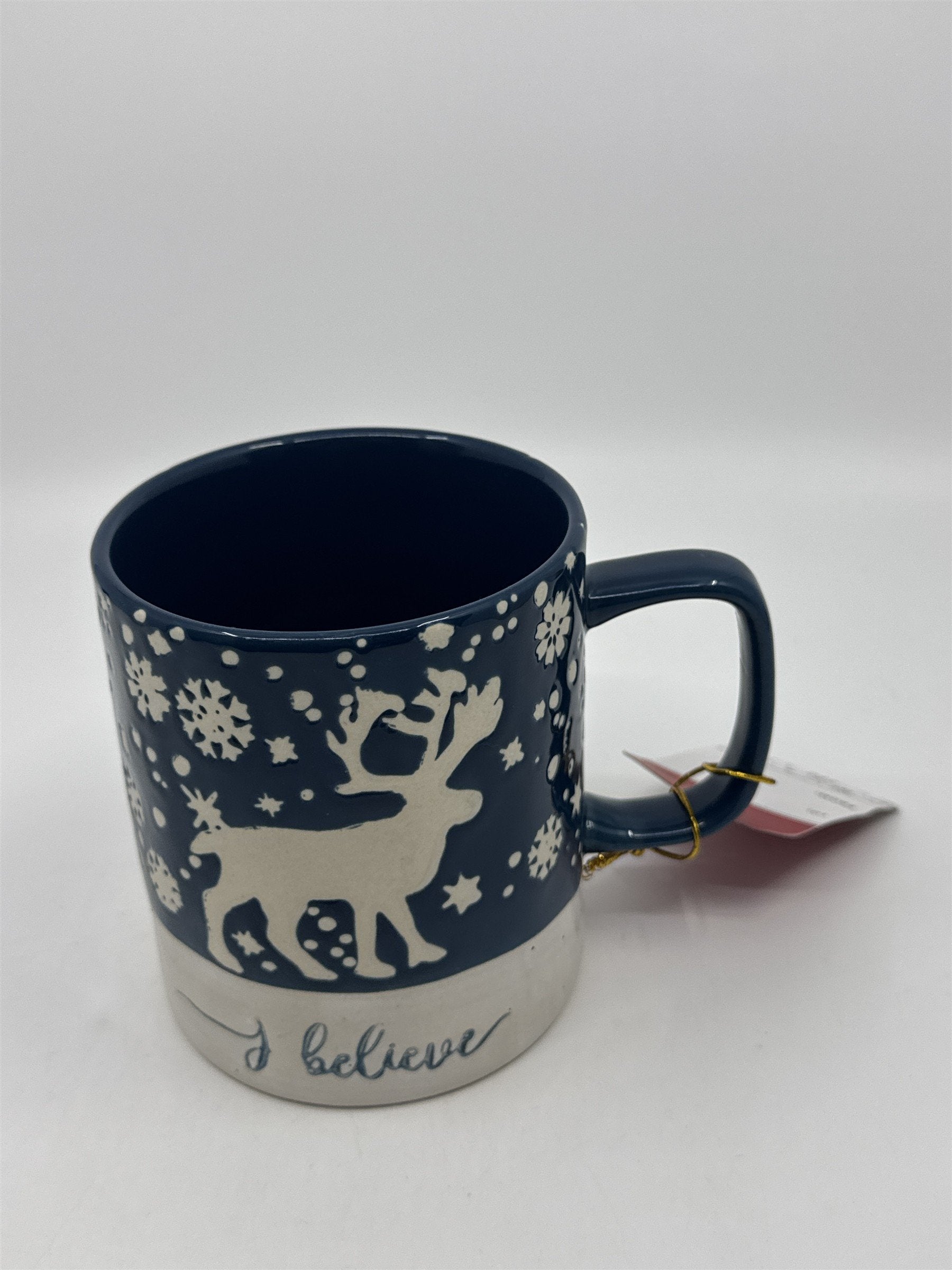 I Believe Blue And White 22 FL. OZ Holiday Coffee Mug W/ Reindeer and Snowflakes