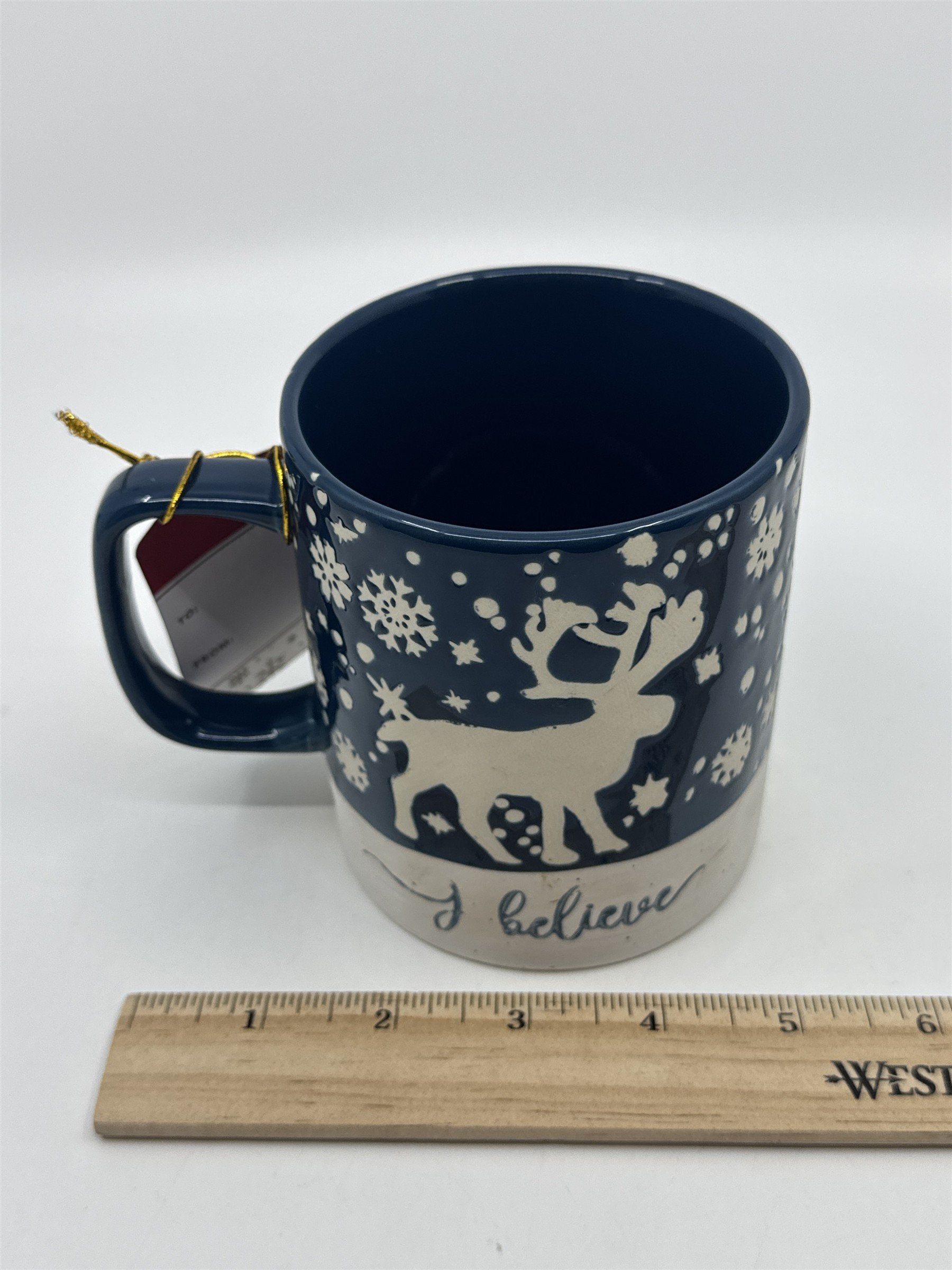 I Believe Blue And White 22 FL. OZ Holiday Coffee Mug W/ Reindeer and Snowflakes