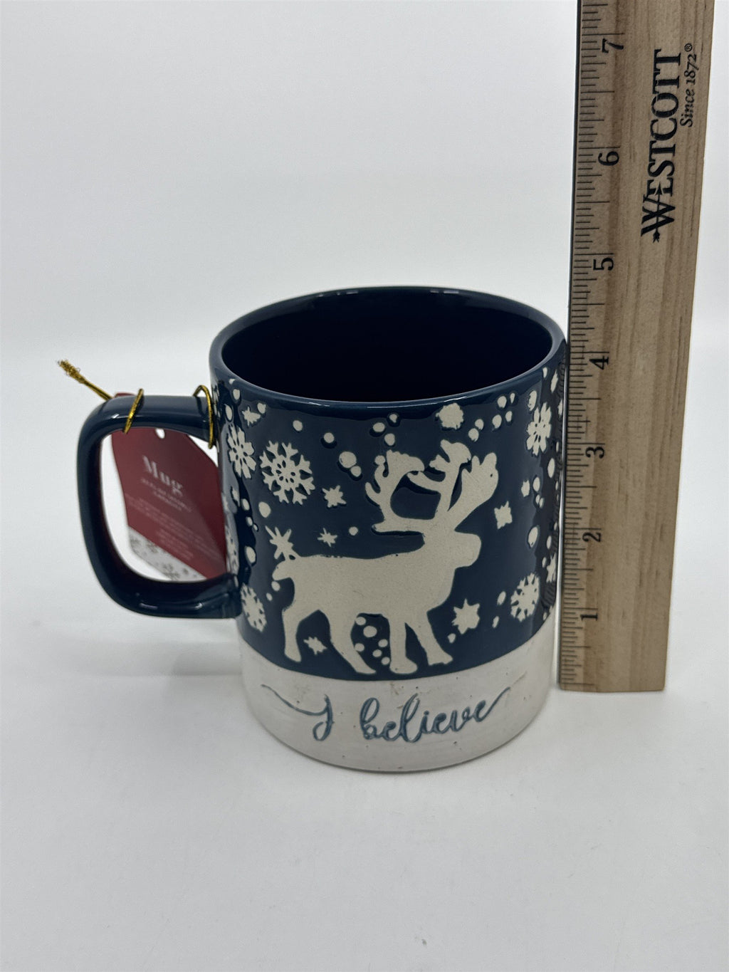 I Believe Blue And White 22 FL. OZ Holiday Coffee Mug W/ Reindeer and Snowflakes