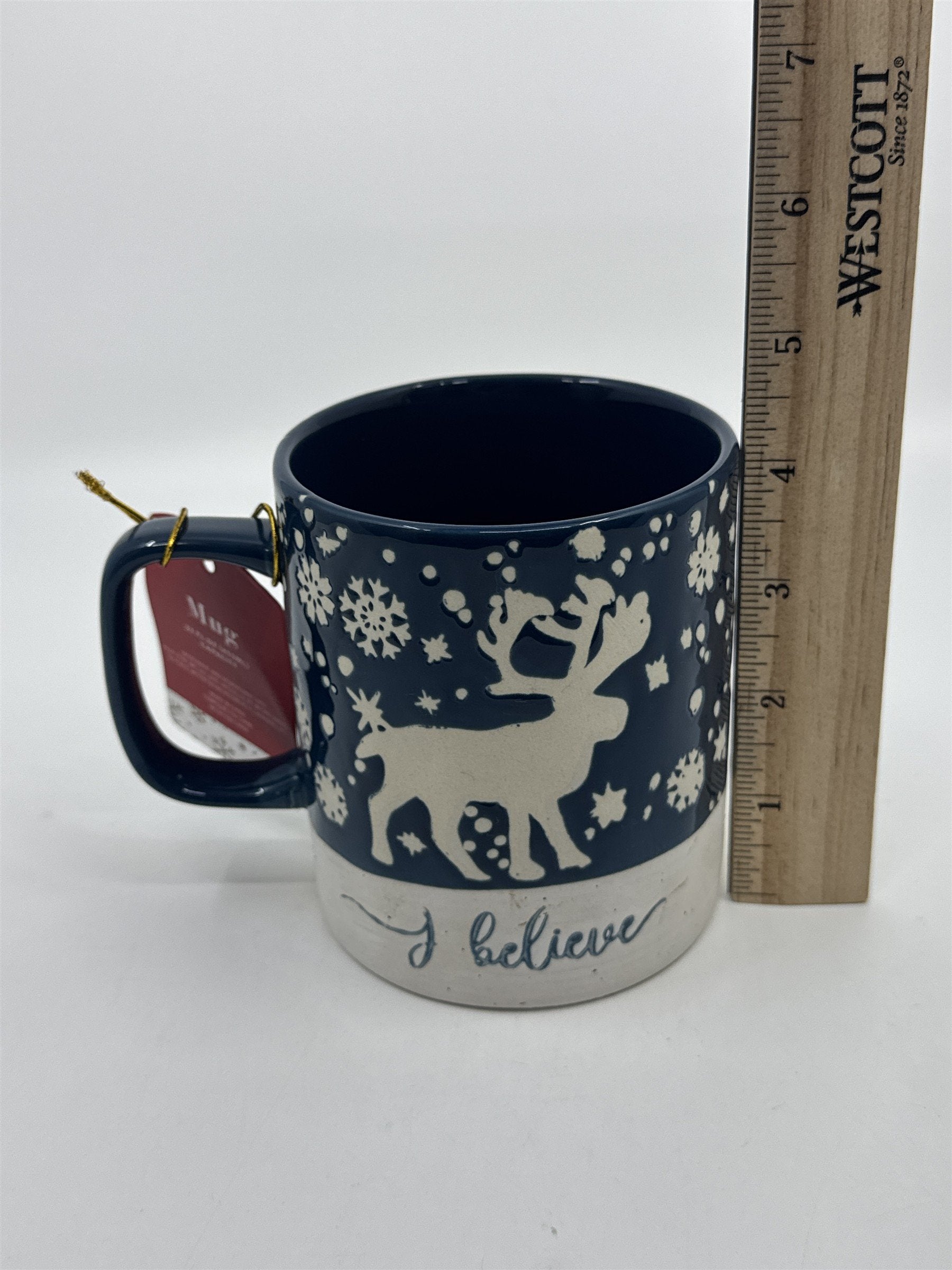 I Believe Blue And White 22 FL. OZ Holiday Coffee Mug W/ Reindeer and Snowflakes