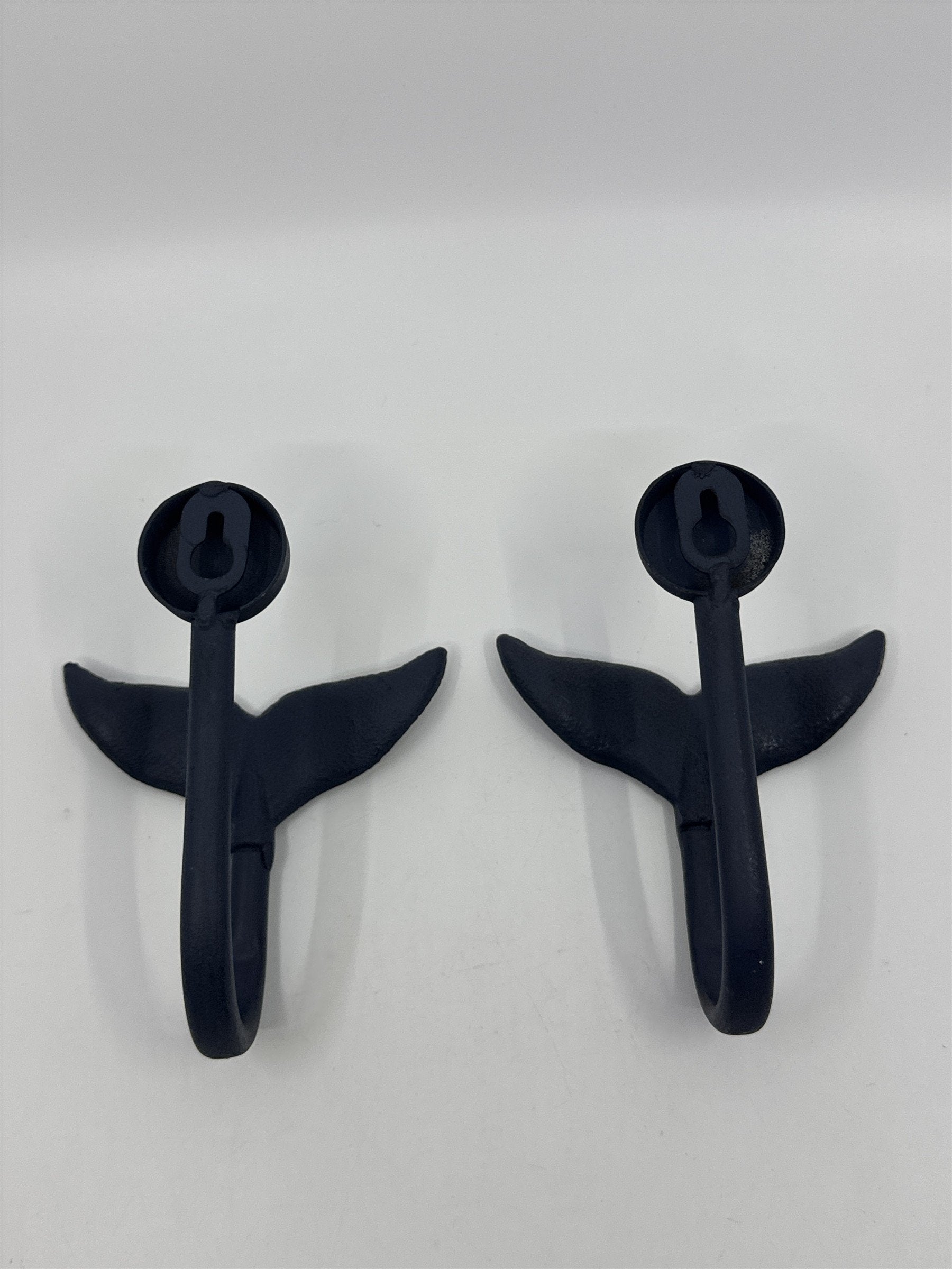 Set of Two Blue Whale Tail Cast Iron Wall Hooks Hat/Towel Ocean Themed Hangers