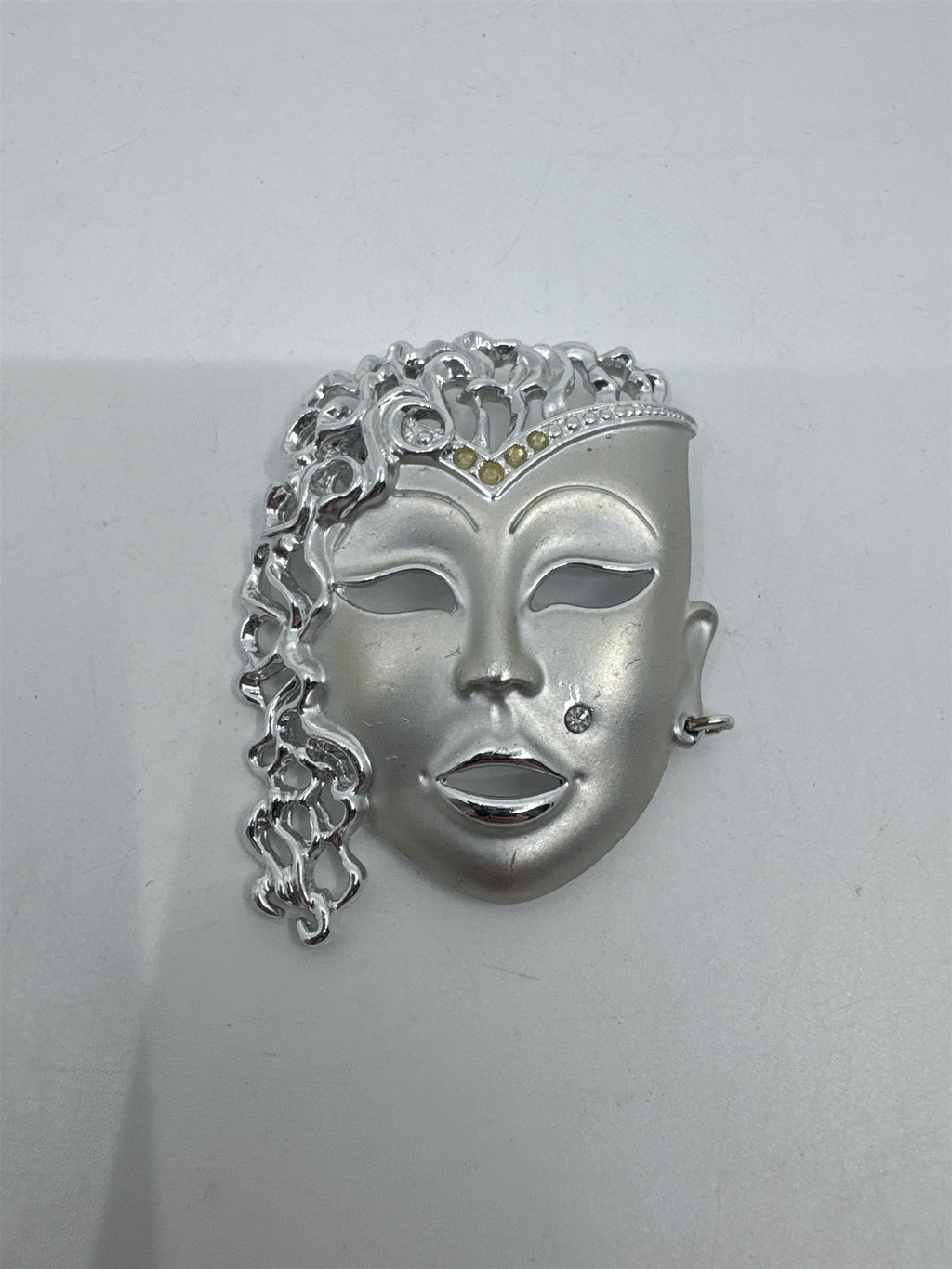 Vintage Silver-Tone Rhinestone Brooch W/ Mardi Gras Masquerade Theatre Face