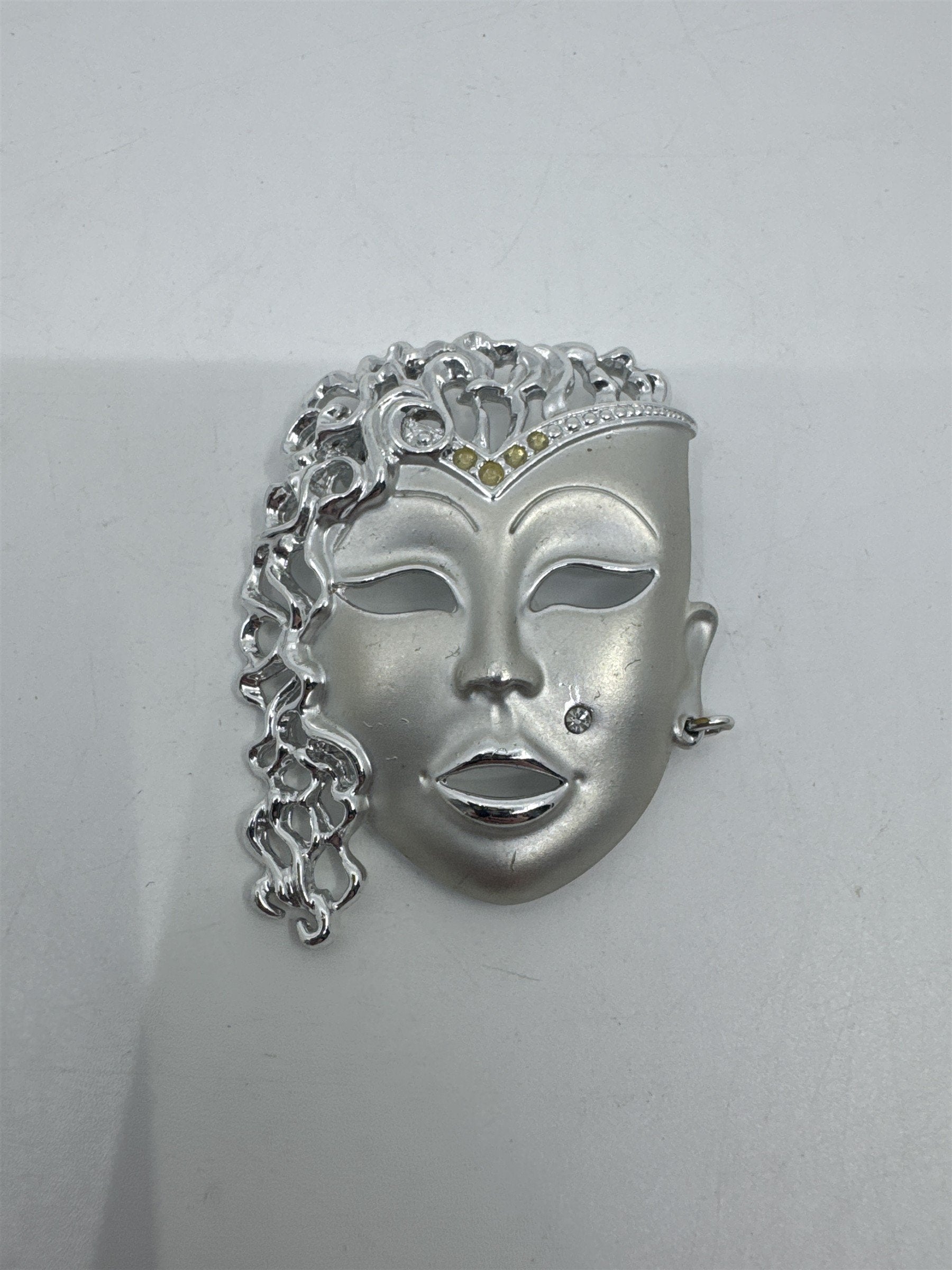 Vintage Silver-Tone Rhinestone Brooch W/ Mardi Gras Masquerade Theatre Face