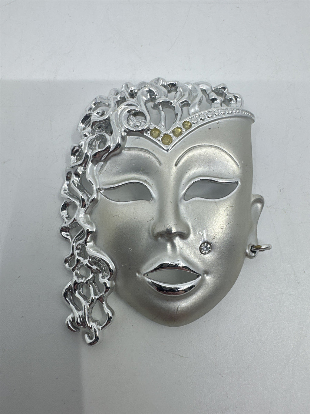Vintage Silver-Tone Rhinestone Brooch W/ Mardi Gras Masquerade Theatre Face