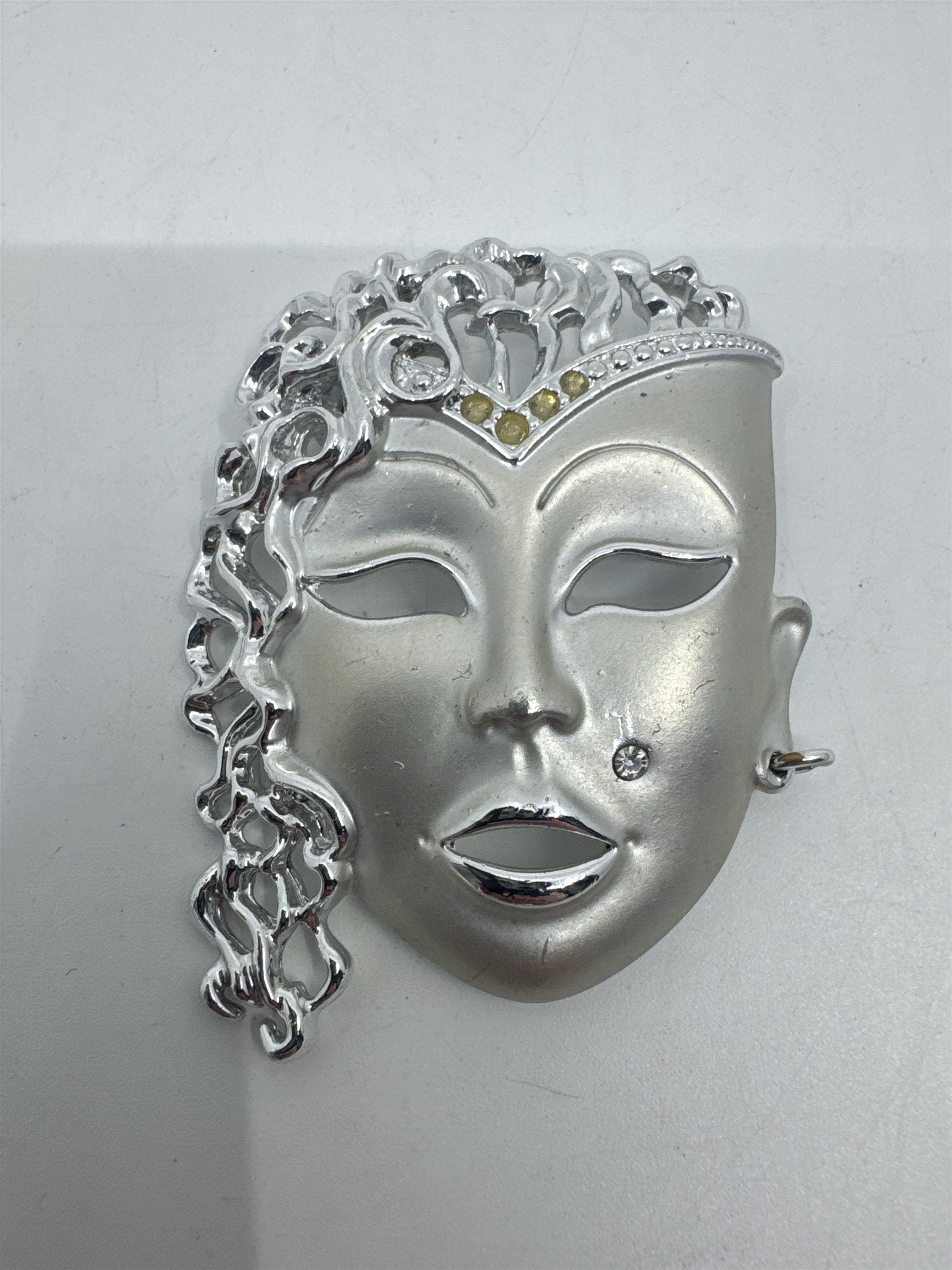 Vintage Silver-Tone Rhinestone Brooch W/ Mardi Gras Masquerade Theatre Face