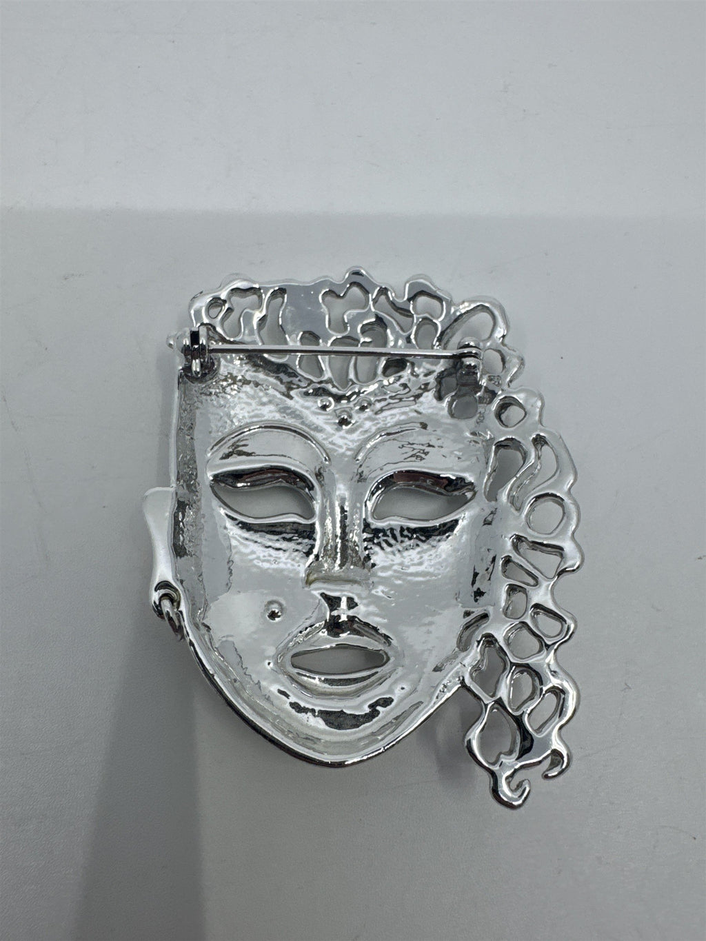 Vintage Silver-Tone Rhinestone Brooch W/ Mardi Gras Masquerade Theatre Face
