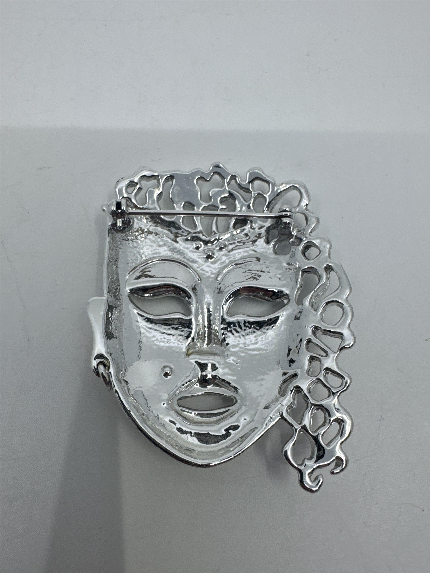 Vintage Silver-Tone Rhinestone Brooch W/ Mardi Gras Masquerade Theatre Face
