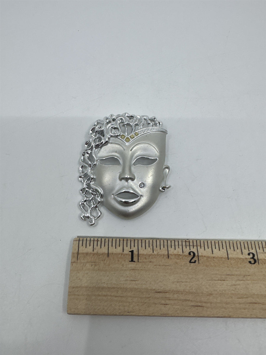 Vintage Silver-Tone Rhinestone Brooch W/ Mardi Gras Masquerade Theatre Face