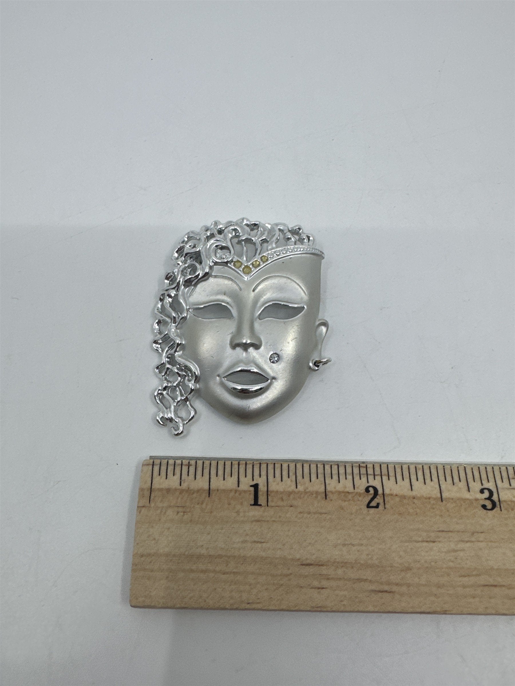 Vintage Silver-Tone Rhinestone Brooch W/ Mardi Gras Masquerade Theatre Face