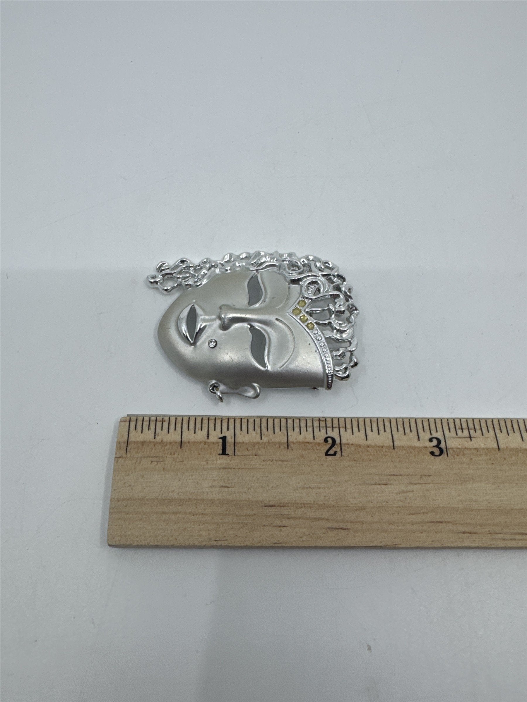Vintage Silver-Tone Rhinestone Brooch W/ Mardi Gras Masquerade Theatre Face
