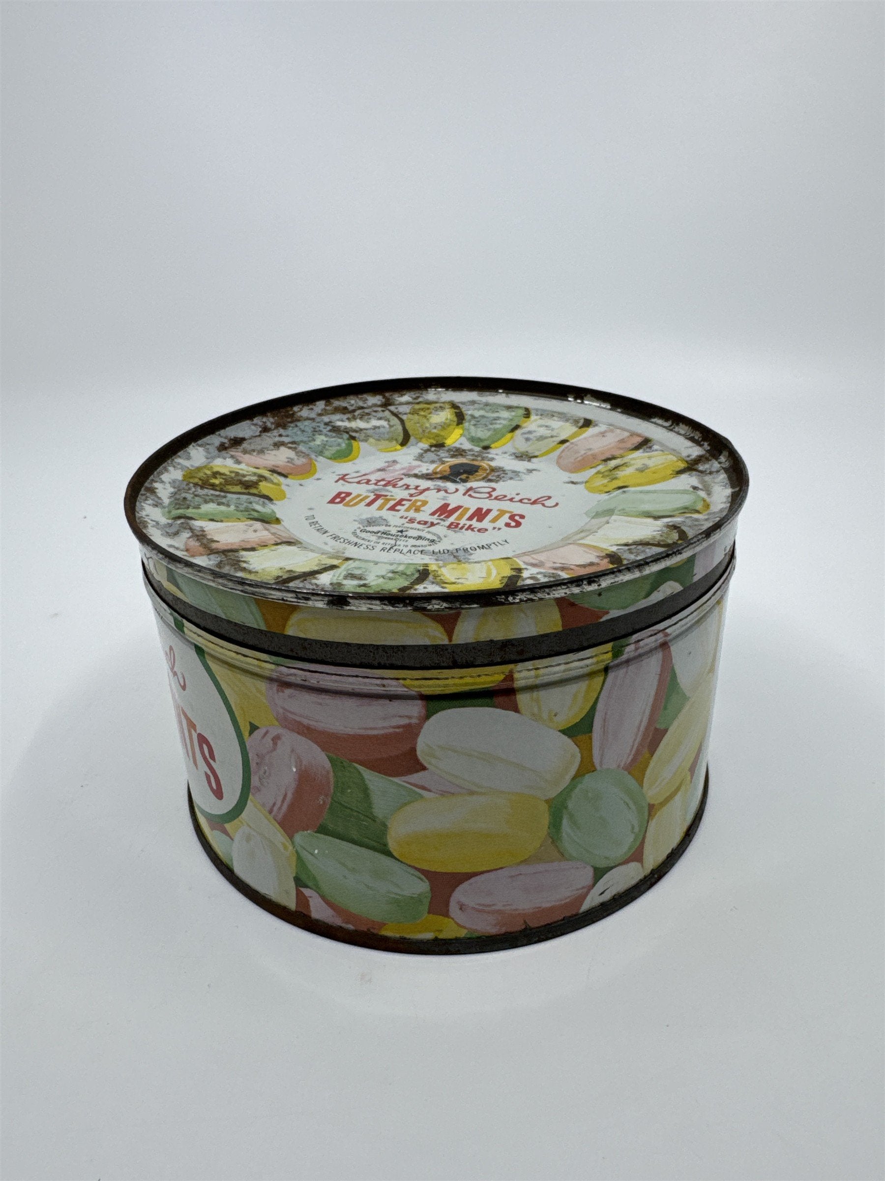 Vintage Kathryn Beich Butter Mints Empty 10 Oz. Advertising Candy Tin