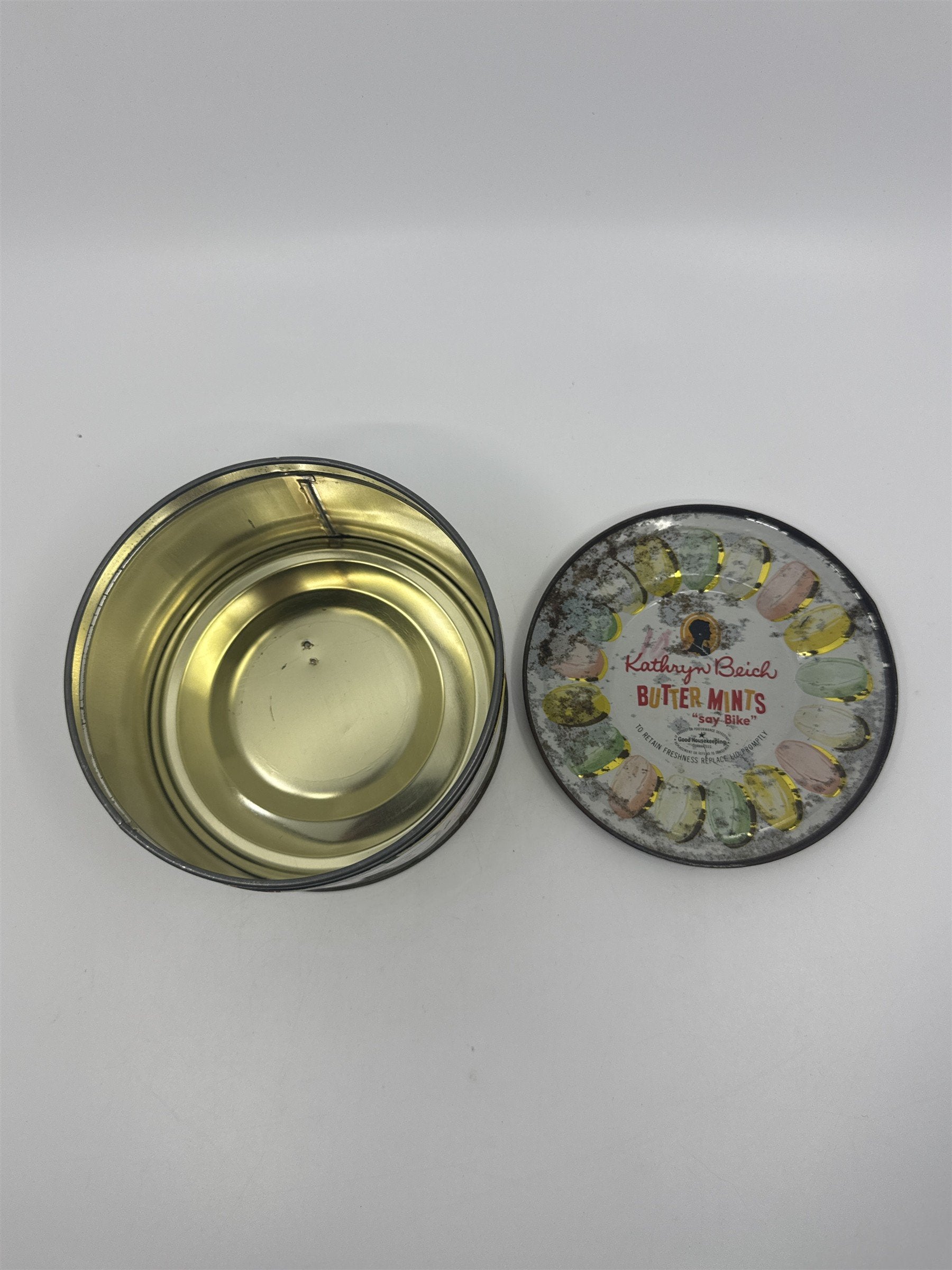 Vintage Kathryn Beich Butter Mints Empty 10 Oz. Advertising Candy Tin