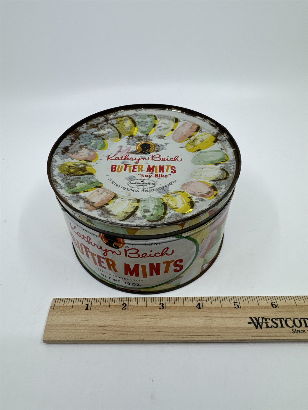 Vintage Kathryn Beich Butter Mints Empty 10 Oz. Advertising Candy Tin