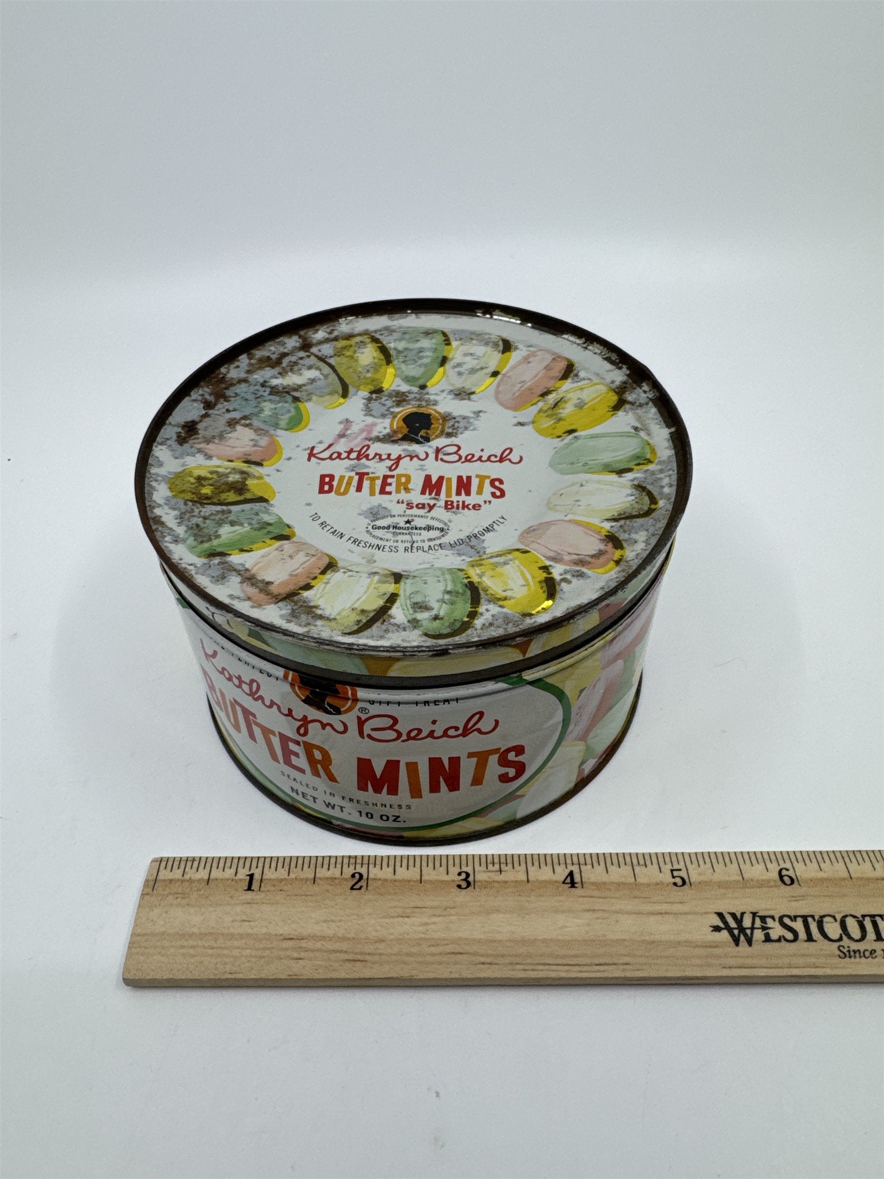 Vintage Kathryn Beich Butter Mints Empty 10 Oz. Advertising Candy Tin