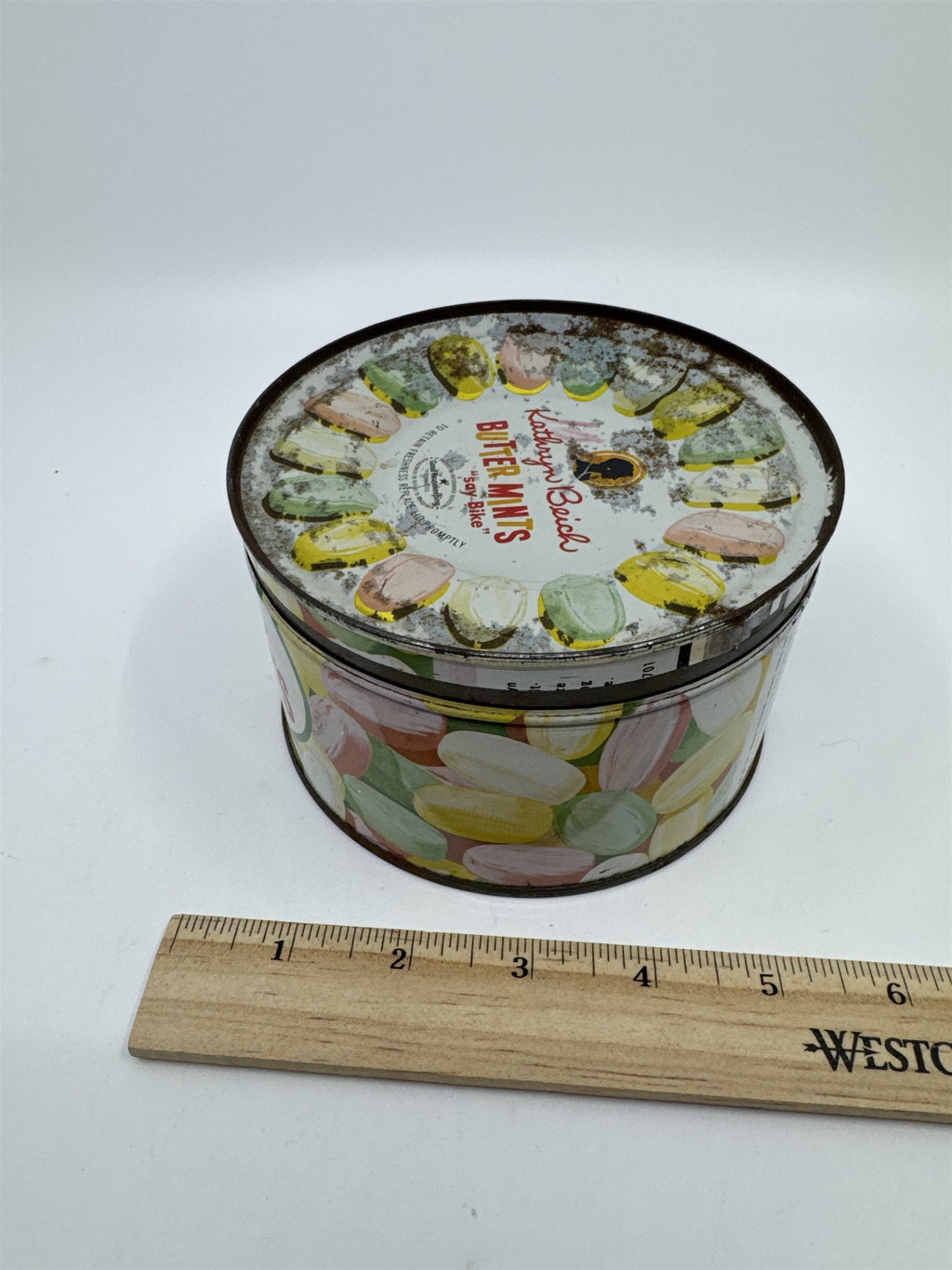 Vintage Kathryn Beich Butter Mints Empty 10 Oz. Advertising Candy Tin
