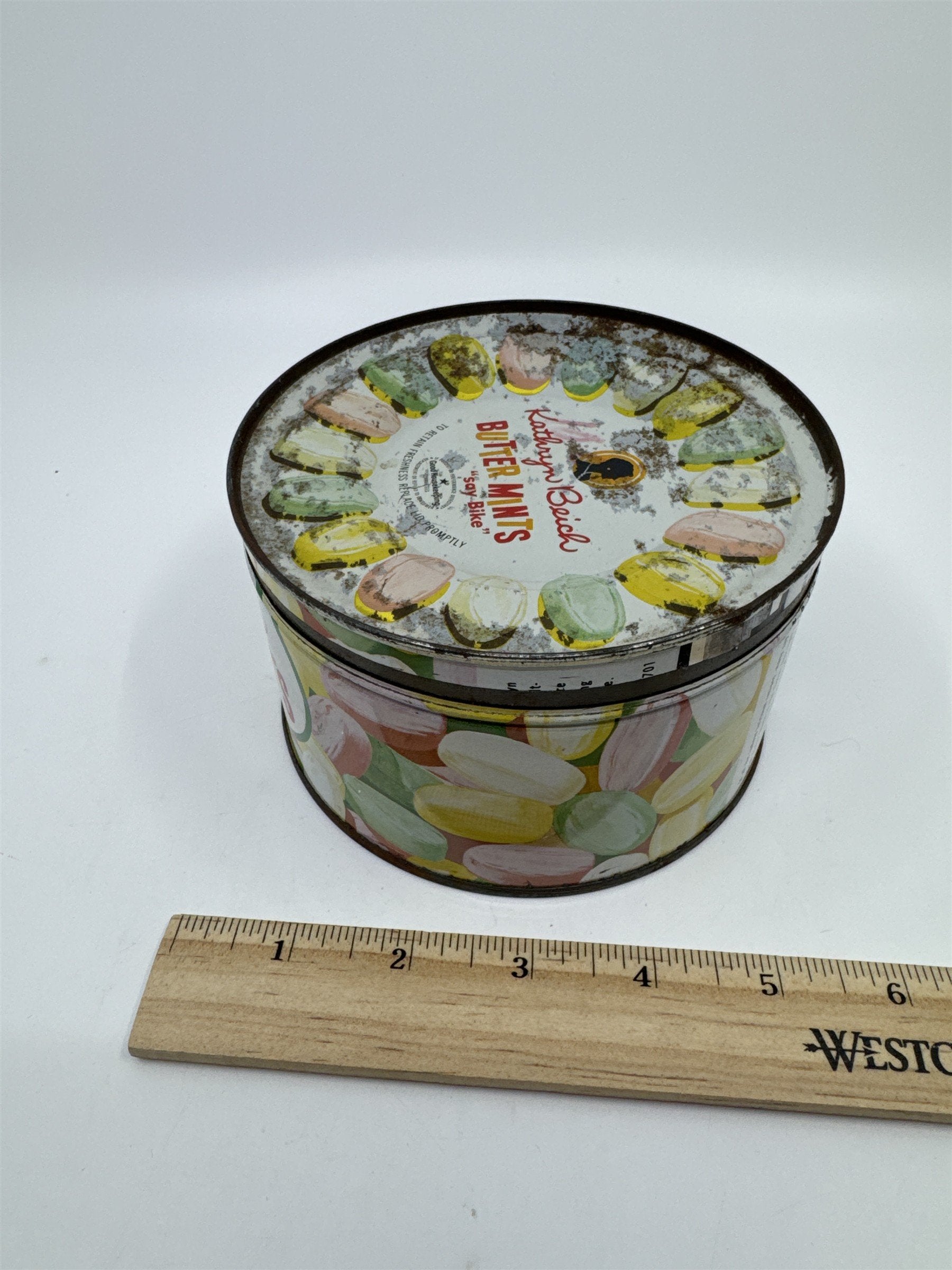 Vintage Kathryn Beich Butter Mints Empty 10 Oz. Advertising Candy Tin