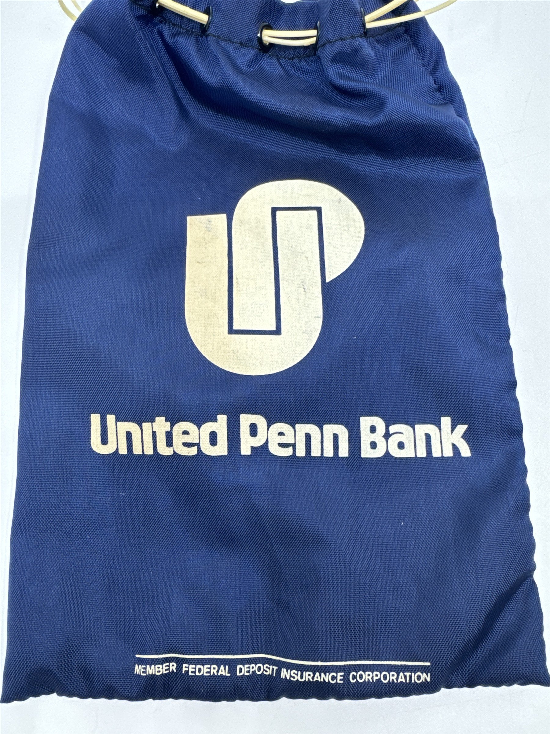 Vintage United Penn Bank Drawstring Canvas Blue Deposit Bag Money Bag