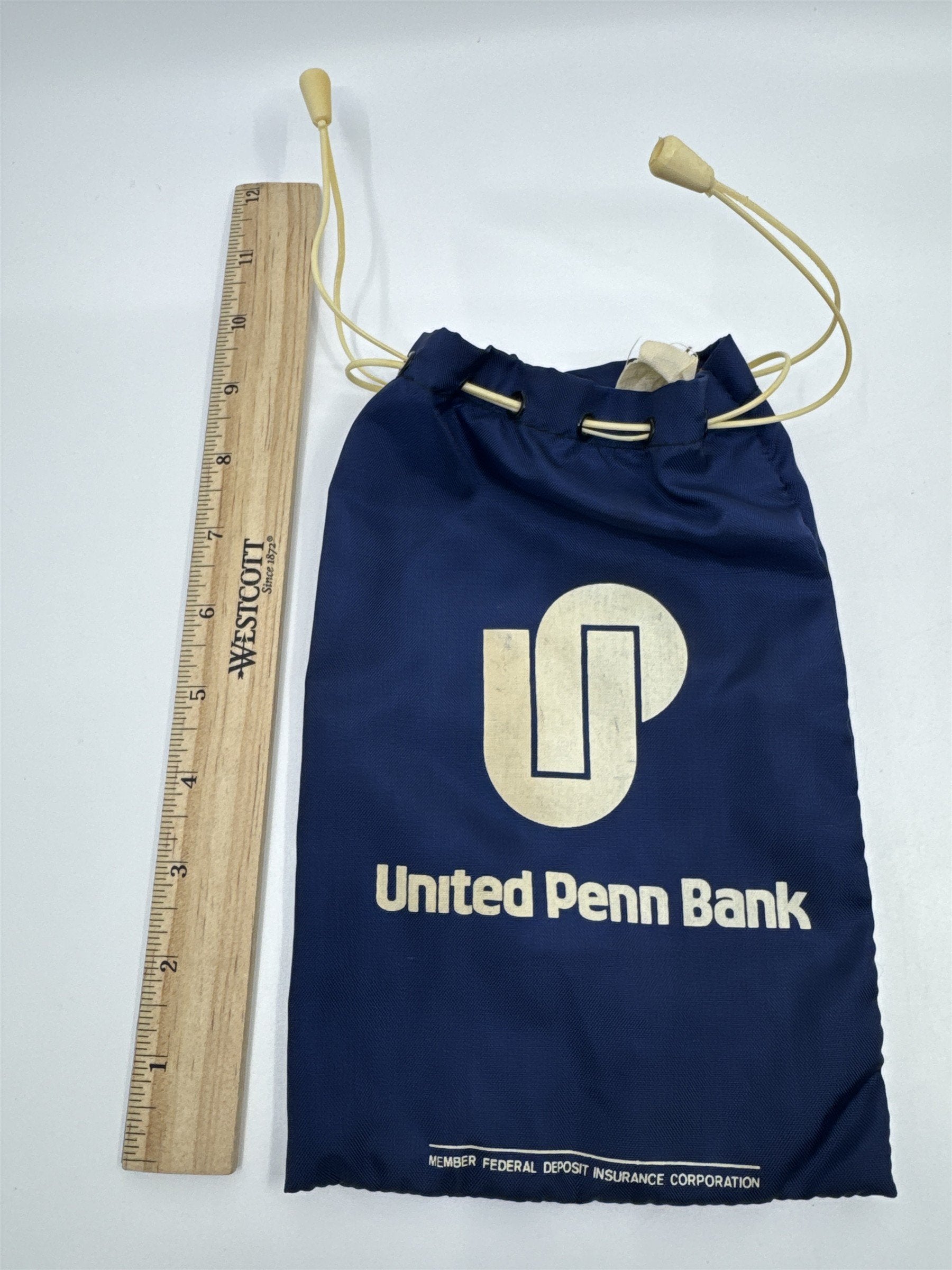 Vintage United Penn Bank Drawstring Canvas Blue Deposit Bag Money Bag