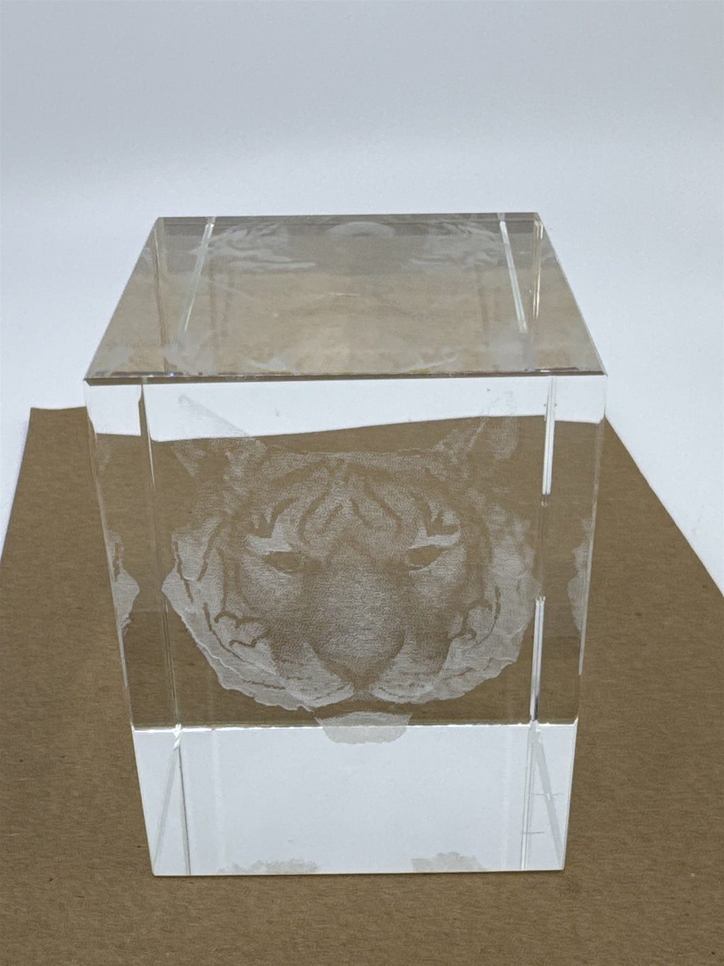 Laser Etched Crystal Glass Tiger 3-D Paperweight W/ Small Scratches