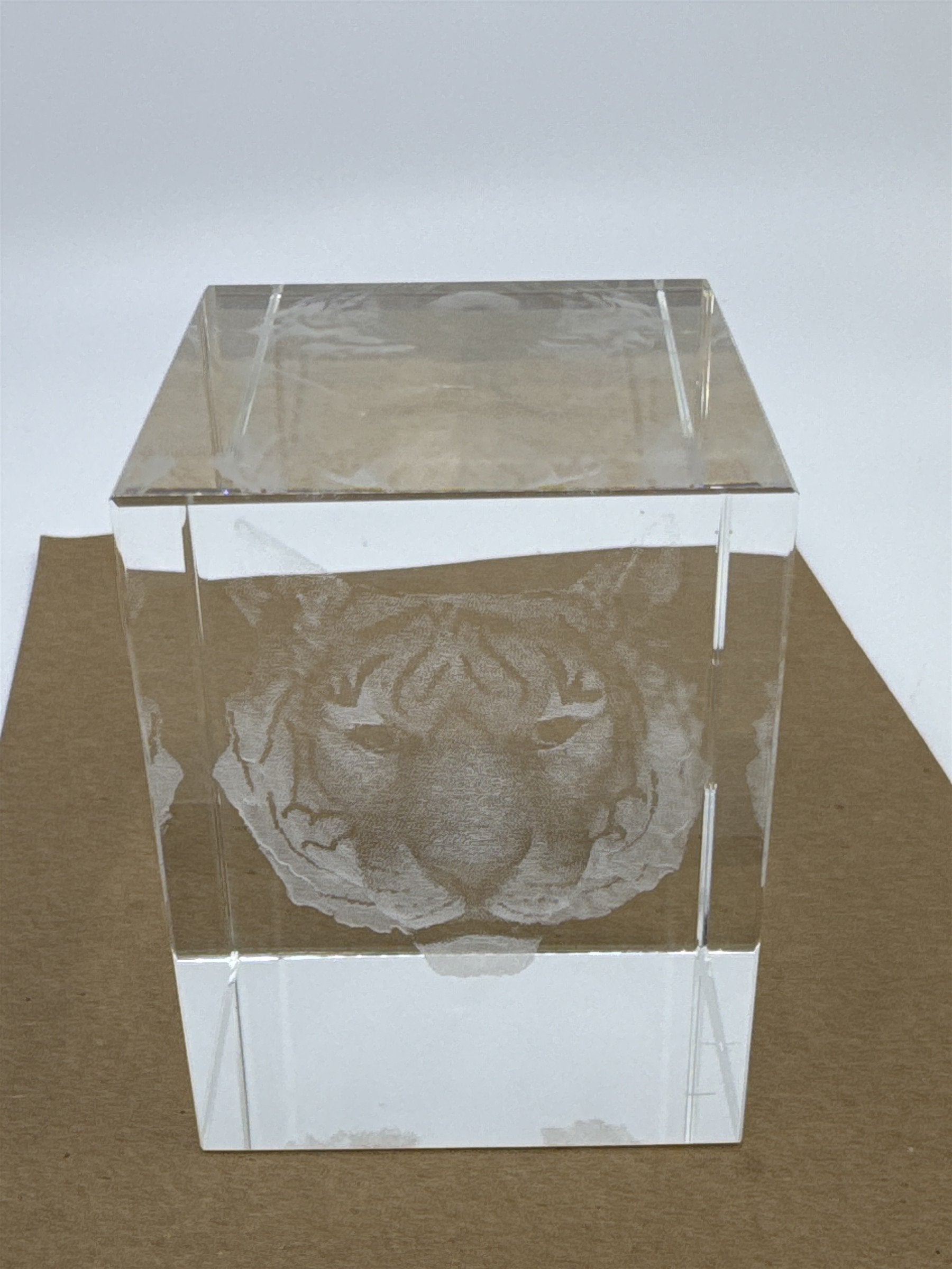 Laser Etched Crystal Glass Tiger 3-D Paperweight W/ Small Scratches