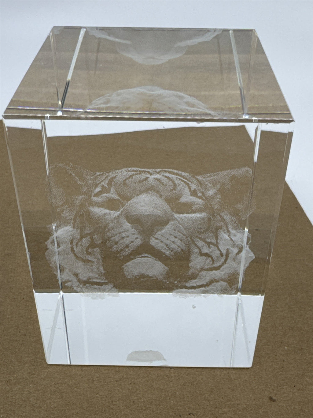 Laser Etched Crystal Glass Tiger 3-D Paperweight W/ Small Scratches