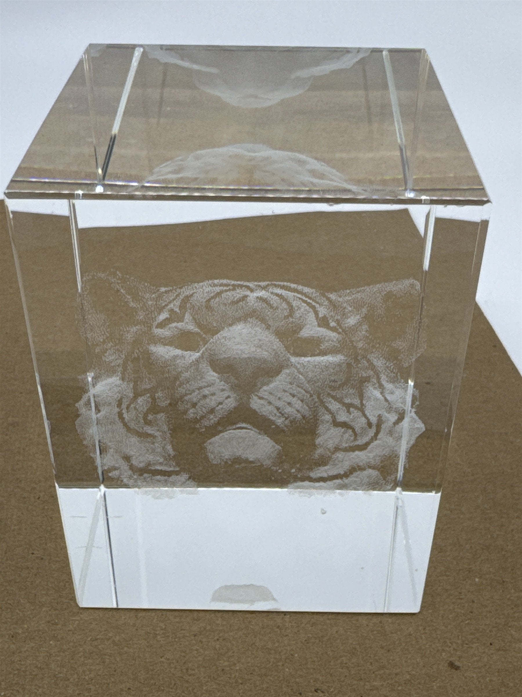 Laser Etched Crystal Glass Tiger 3-D Paperweight W/ Small Scratches