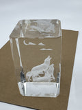 Laser Etched Crystal Glass Howling Wolves and Moon Paperweight