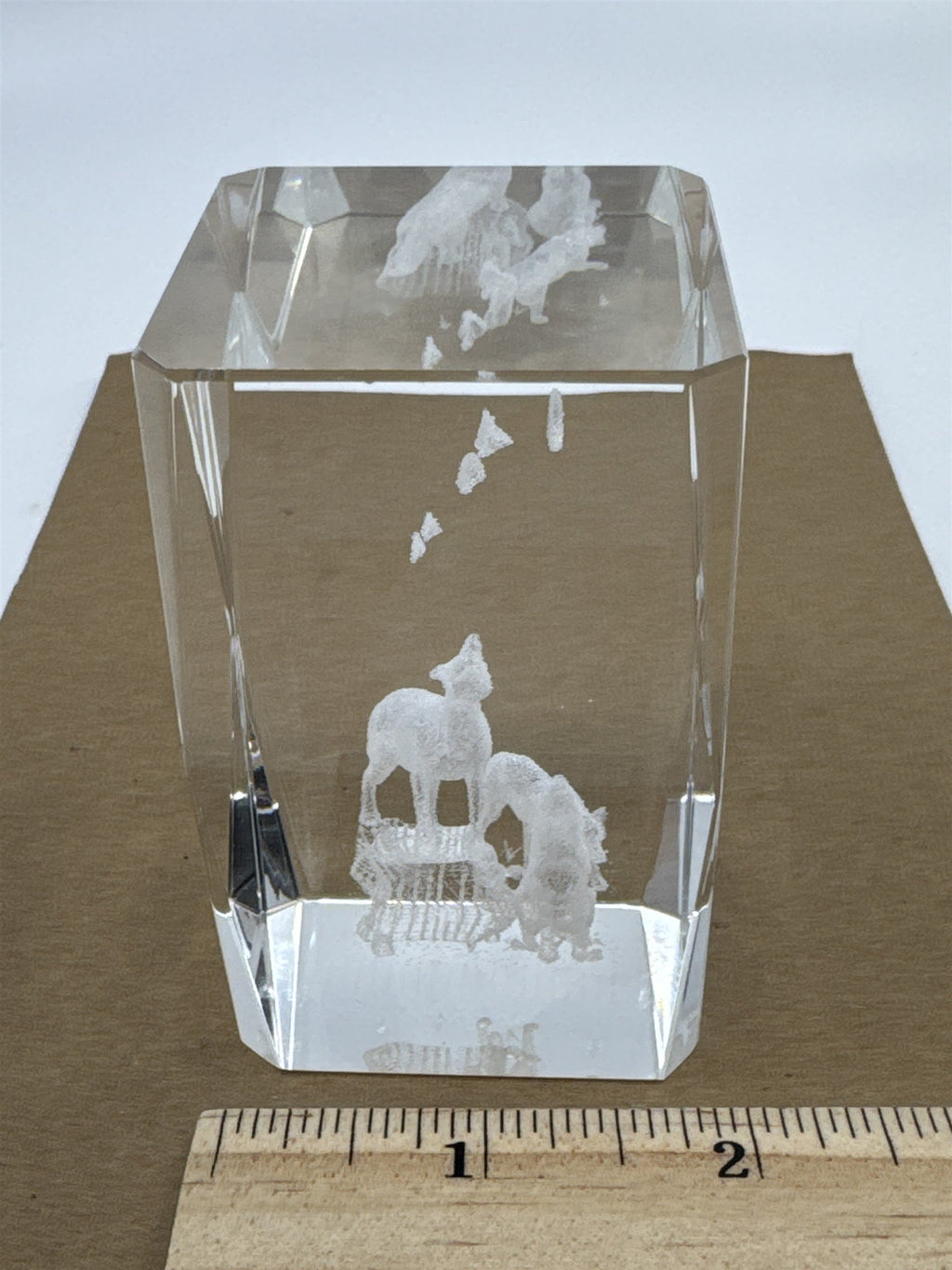 Laser Etched Crystal Glass Howling Wolves and Moon Paperweight