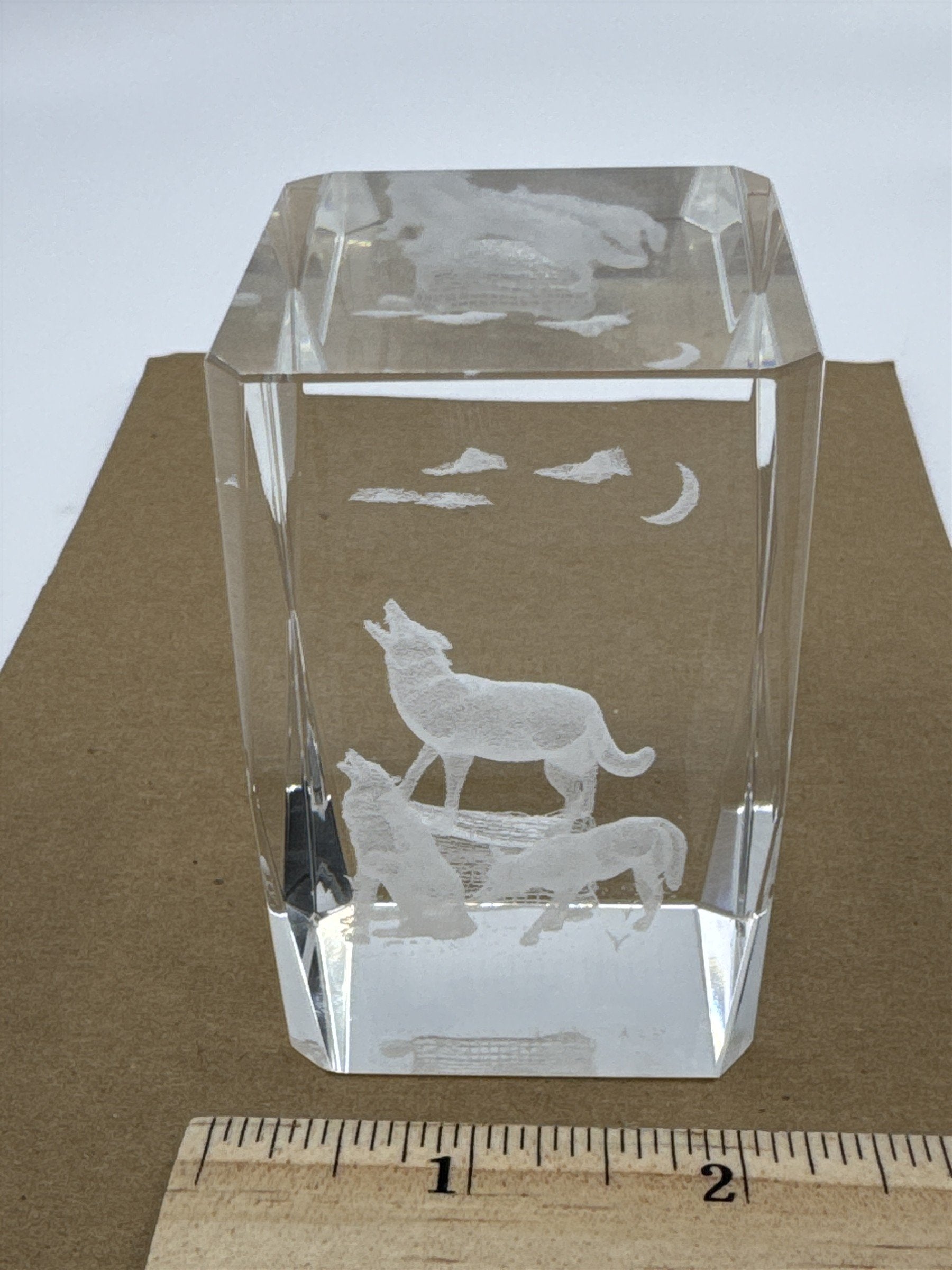 Laser Etched Crystal Glass Howling Wolves and Moon Paperweight