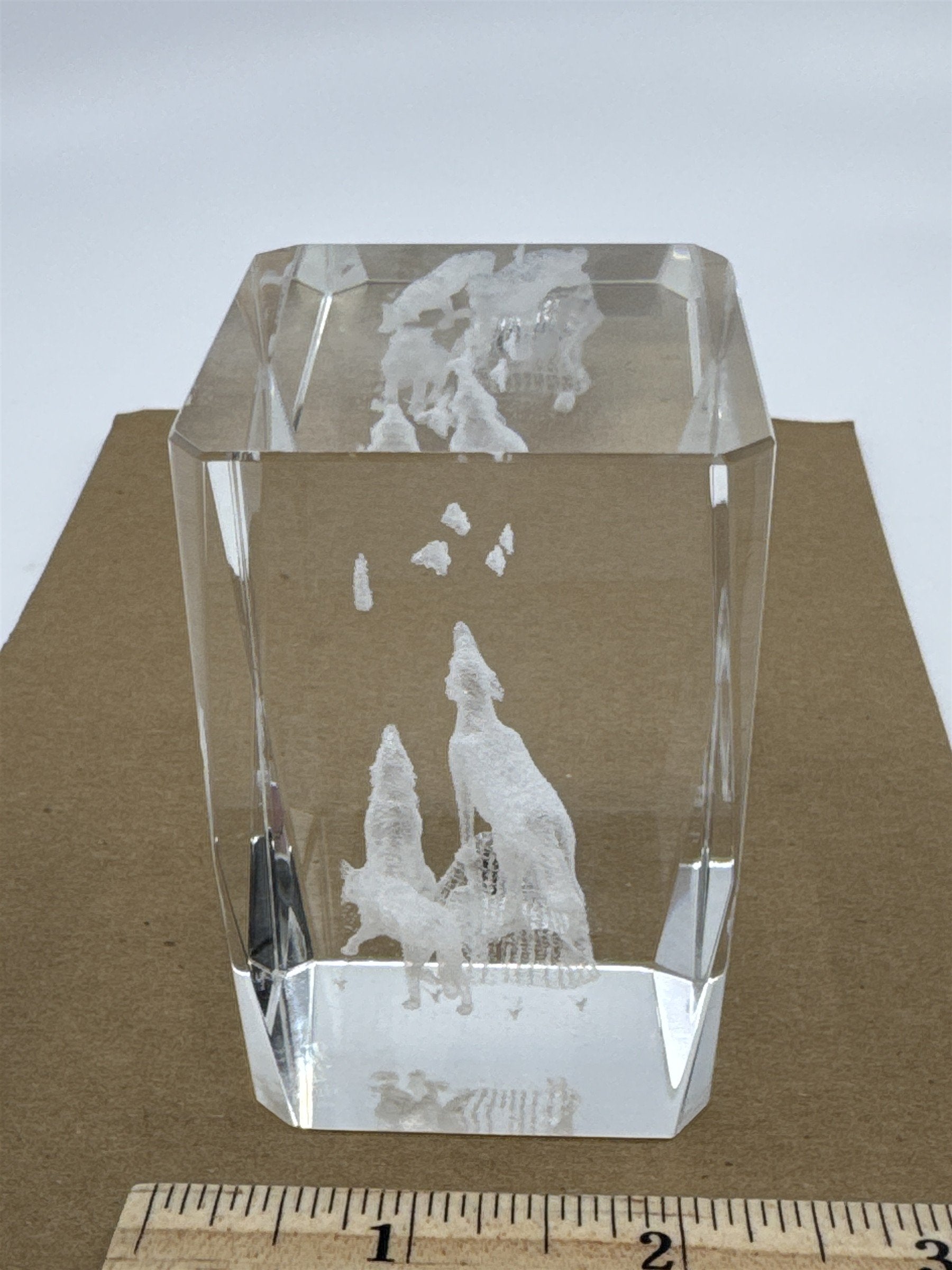 Laser Etched Crystal Glass Howling Wolves and Moon Paperweight